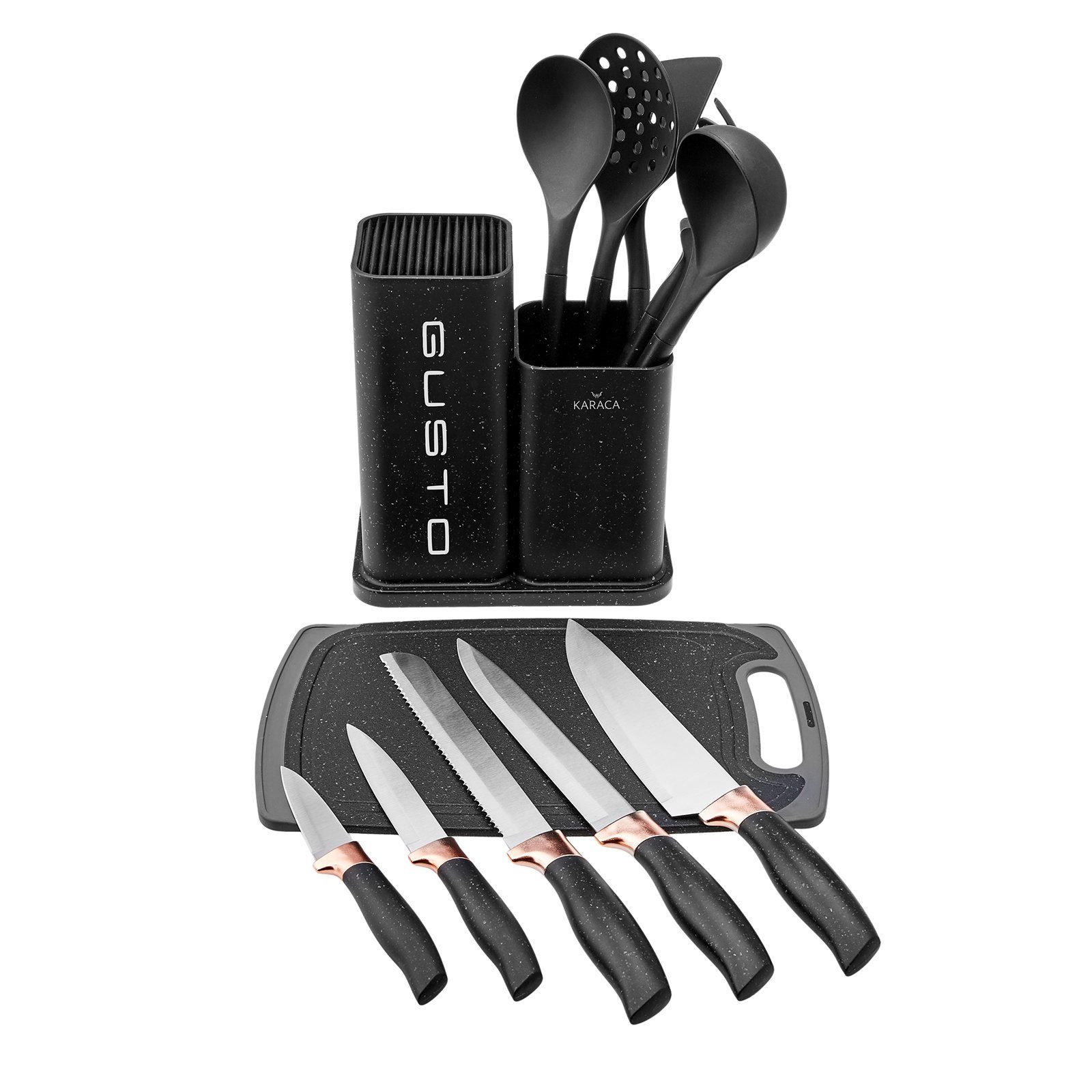 Karaca Messer-Set Gusto Schwarz 12-Teiliges Messer-/Schneidebrett-Set Stahl Küchenmesser
