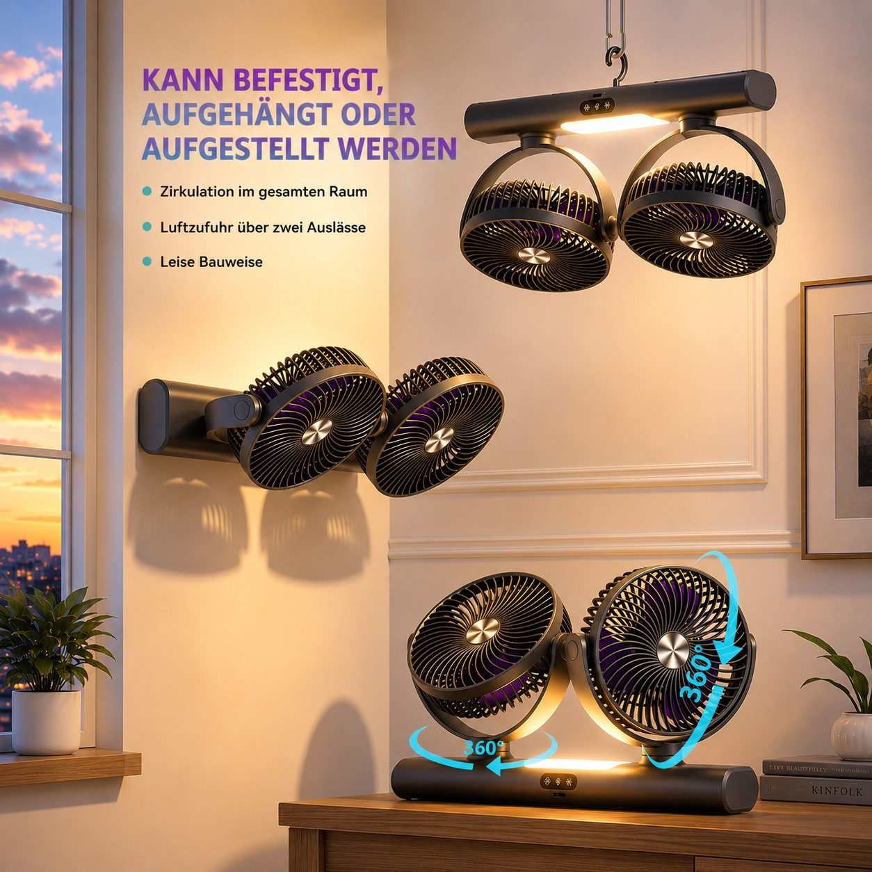 PRIISF Akku-Ventilator Akku Tischventilator USB Camping Ventilator LED Licht Deckenventilator, Tragbare Ventilatoren für Zelt, Reisen, Büro, Wohnmobil, Schlafzimmer