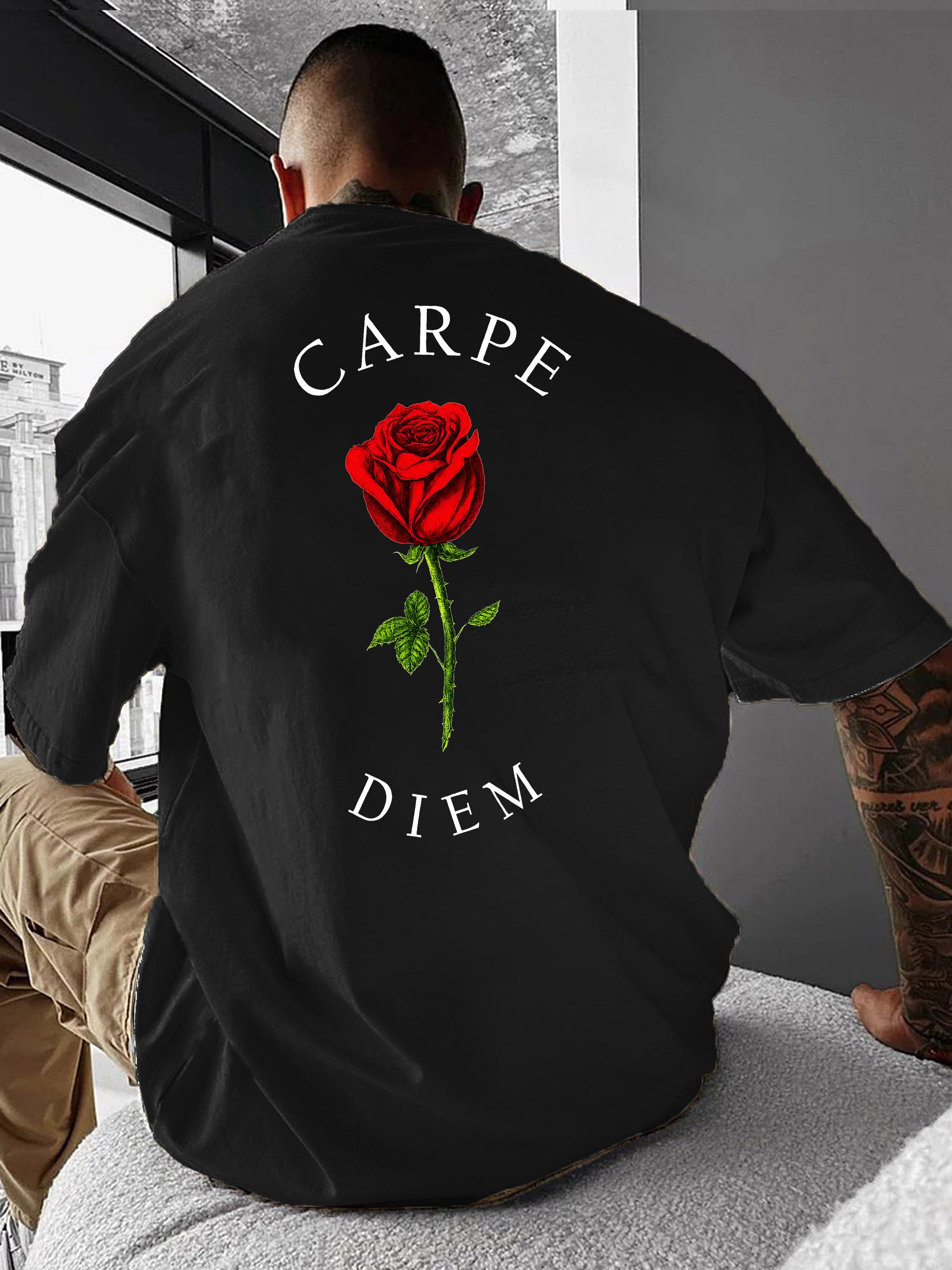 RMK T-Shirt Herren Shirt Basic Rundhals Rose Carpe Diem aus 100% Baumwolle