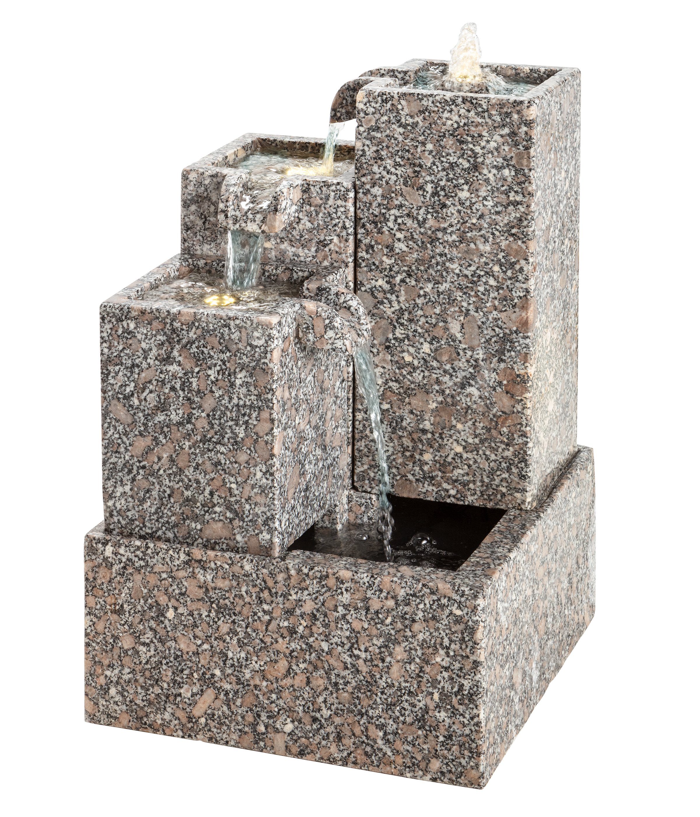 Dehner Gartenbrunnen Cascada mit LED, 65 x 43 x 43 cm, Granit, 43 cm Breite, modernes Wasserspiel aus Granit inkl. Pumpe, Trafo und LED-Beleuchtung