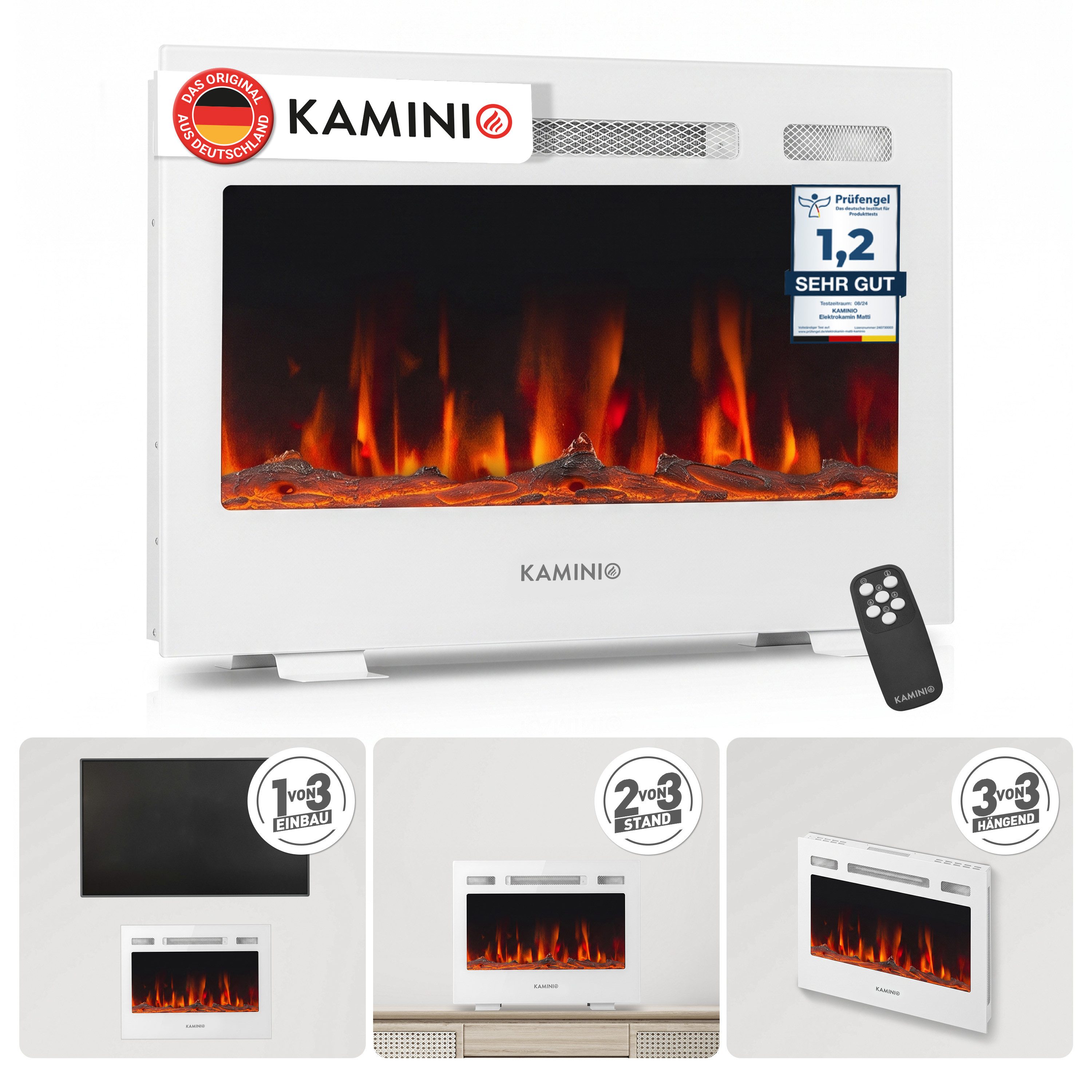 KAMINIO Elektrokamin MARLON, 3in1 Kamin: Elektrischer Stand-, Wand- und Einbaukamin, Heizung 1800W