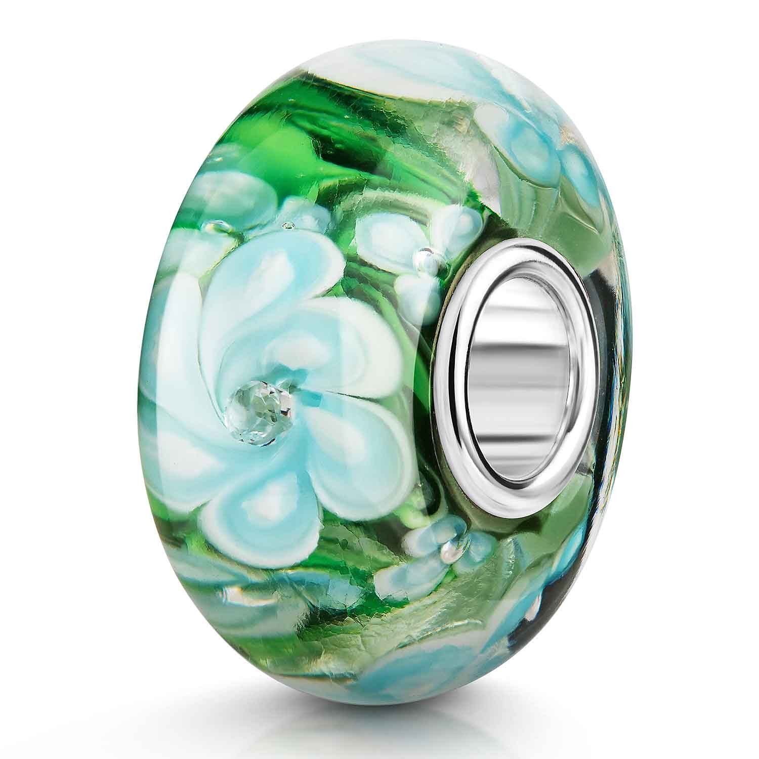 Materia Bead Glas Charm Blumen Blüten Blau und Grün mit Zirkonia 1219, Kern aus 925 Sterling Silber