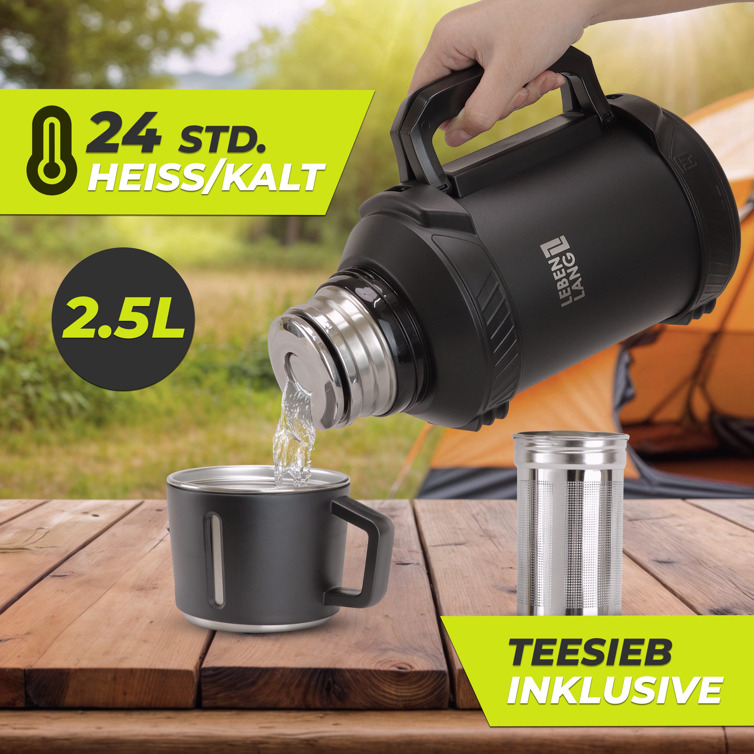 Lebenlang Thermoflasche Isolierflasche 2,5 Liter - 24h Heiß & Kalt - Inkl. Becher & Teesieb, Auslaufsicher - Große Einfüllöffnung - BPA-frei