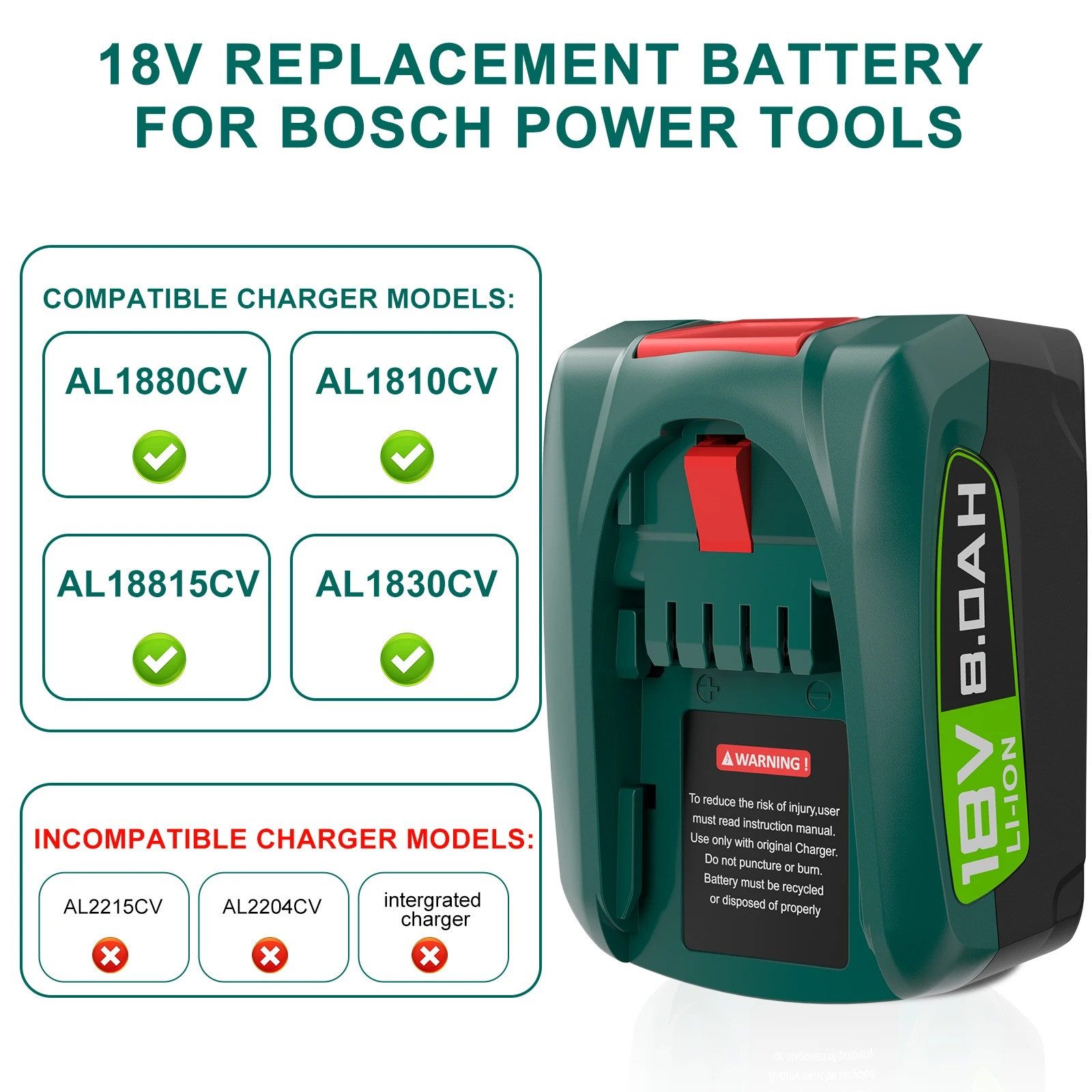 Athlix 2x Akku für Bosch 8000 mAh 18 V Ersatz Batterie AL1880CV AL1810CV Akkupacks (18 V), 2er Pack, 18 V, 8.000 mAh langlebige Akkus