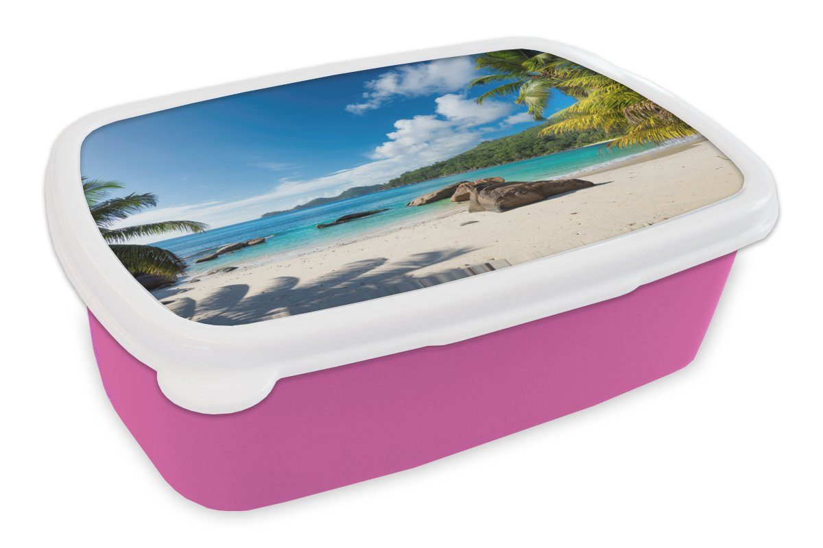 MuchoWow Lunchbox Strand - Meer - Kieselsteine - Palme, Kunststoff, (2-tlg), Brotbox für Erwachsene, Brotdose Kinder, Snackbox, Mädchen, Kunststoff rosa