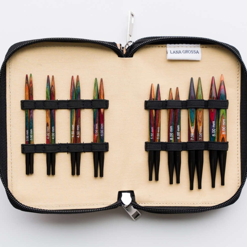 LANA GROSSA Stricknadeln Rundstricknadel-Set VARIO Design-Holz (kurz), Set mit austauschbaren kurzen Stricknadeln
