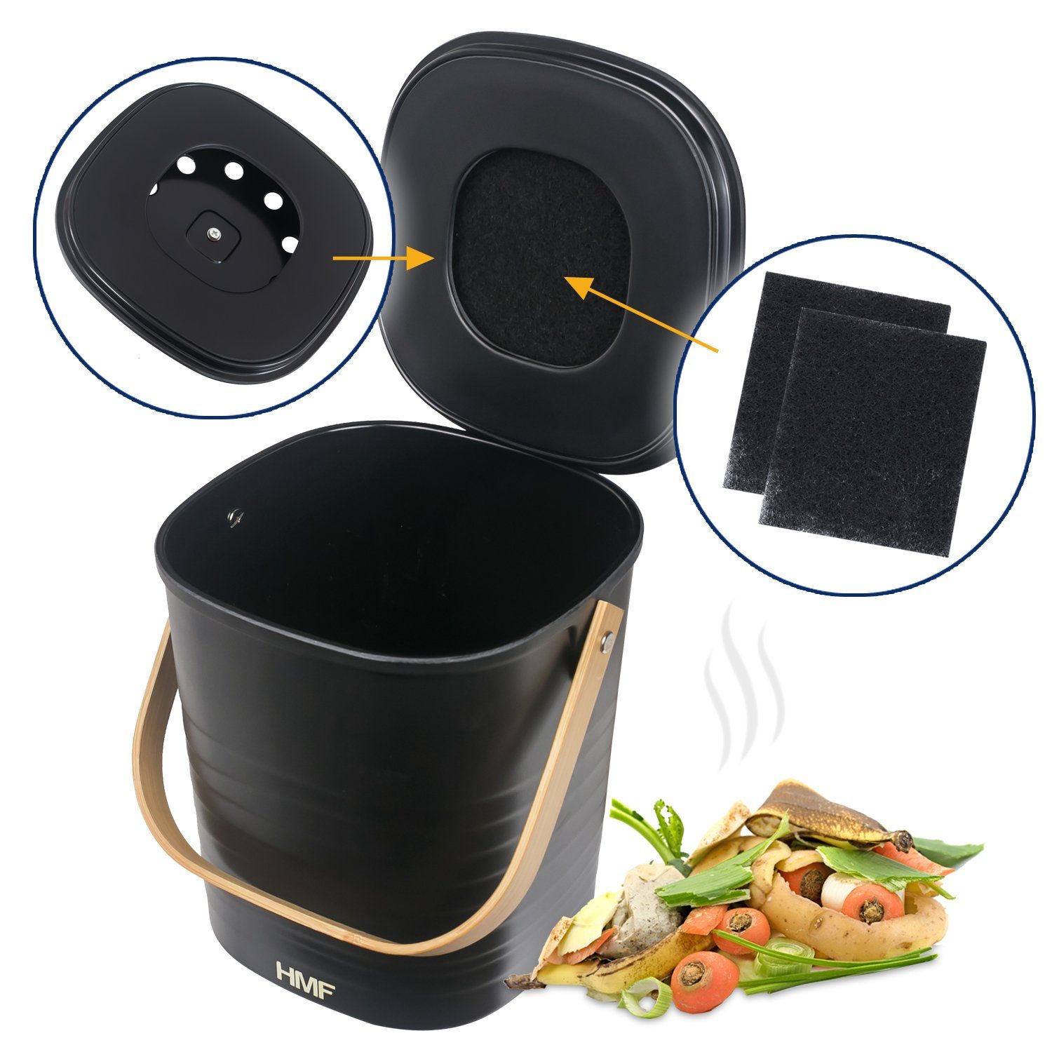 Biomülleimer Aktivkohlefilter, Küche 3L, Schwarz Deckel, Komposteimer für kleiner mit die mit Abfalleimer HMF