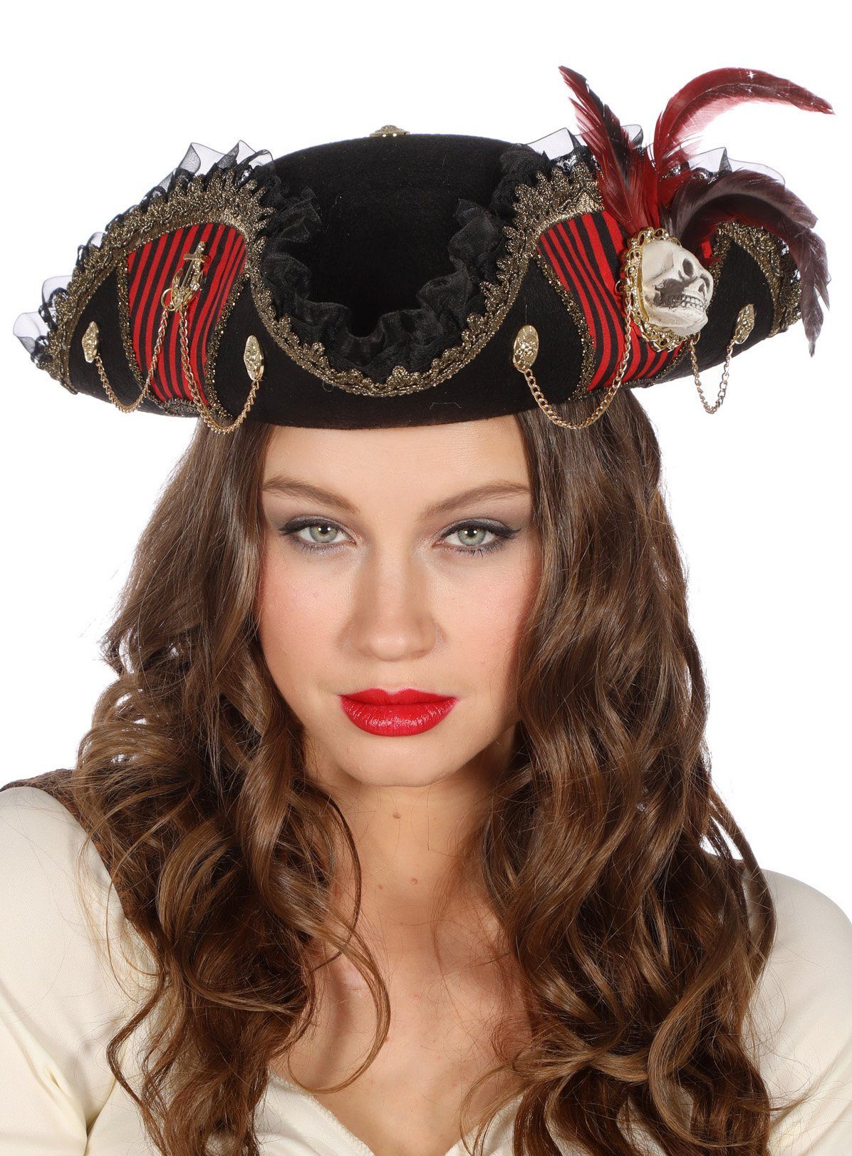 Metamorph Piraten-Kostüm Dreispitz Pirat - Fasching Karibik Captain Kostüm, Hübscher Piratenhut mit allerlei Zier und Geschmeide