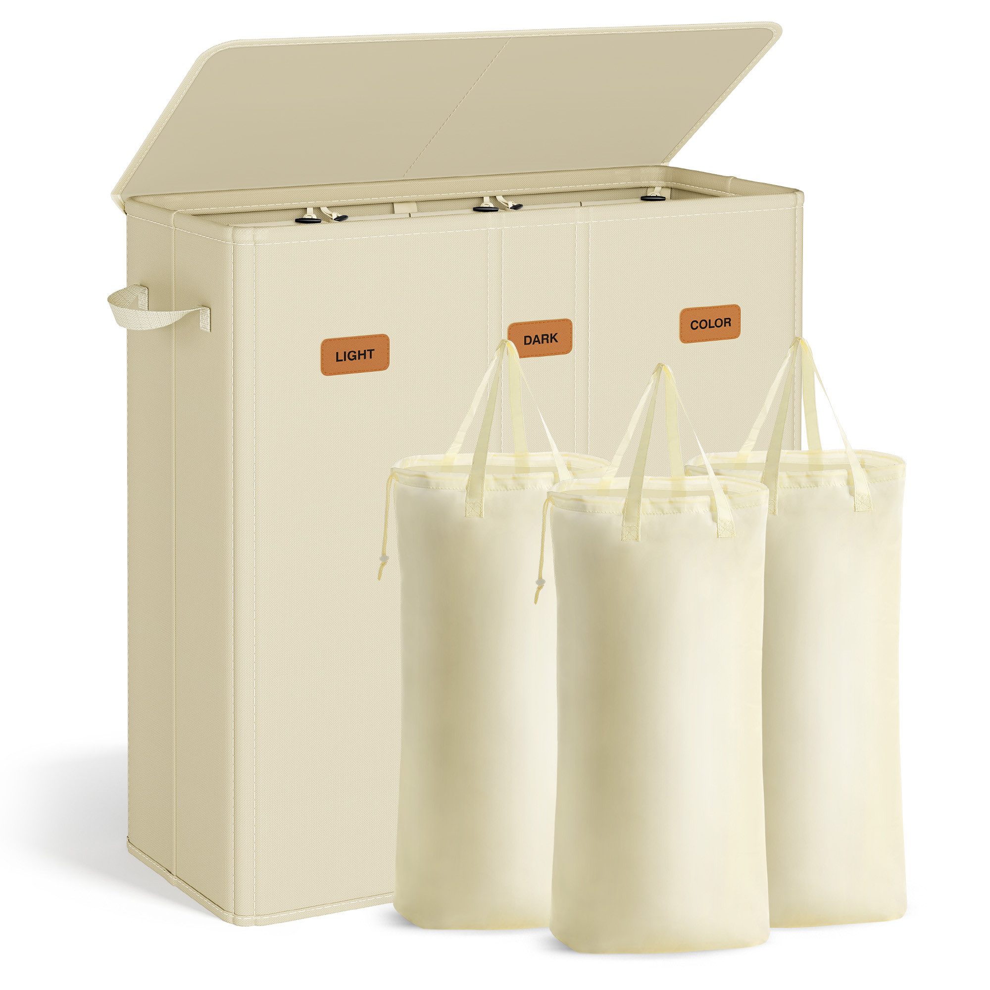 SONGMICS Wäschekorb herausnehmbarer und waschbarer Innensack, Waschküche Schlafzimmer, mit 3 Fächern, 160 L, mit Deckel, 5 Etiketten, 64 x 33 x 75 cm