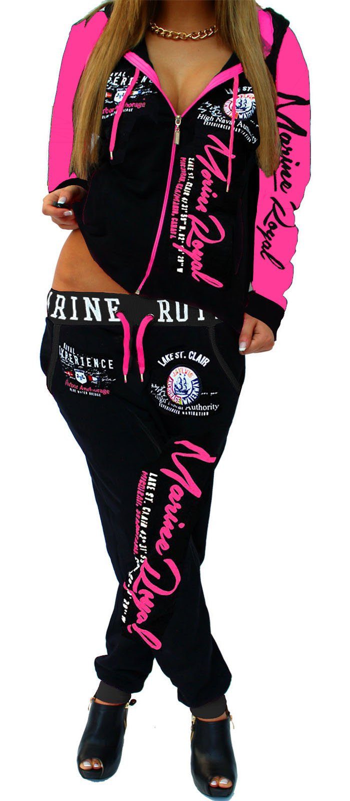 Fitness Jacke Schwarz-Pink mit Hose), + Royal Sportanzug Trainingsanzug Jogginganzug Streetwear Damen Jaylvis Marine Kapuze (Jacke