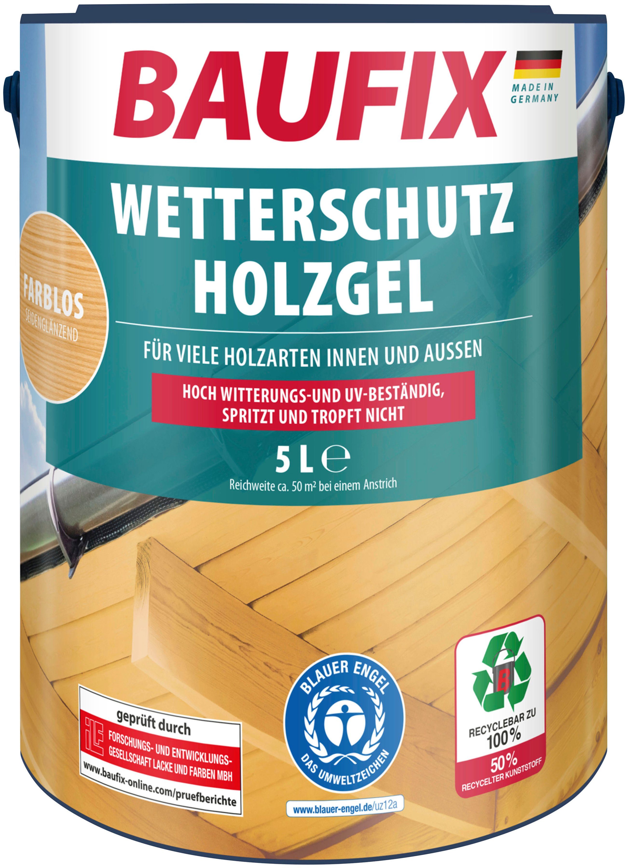 Baufix Holzschutzlasur Wetterschutz-Holzgel, seidenglänzend 5L, wetterbeständig, beständig, atmungsaktiv, UV farblos