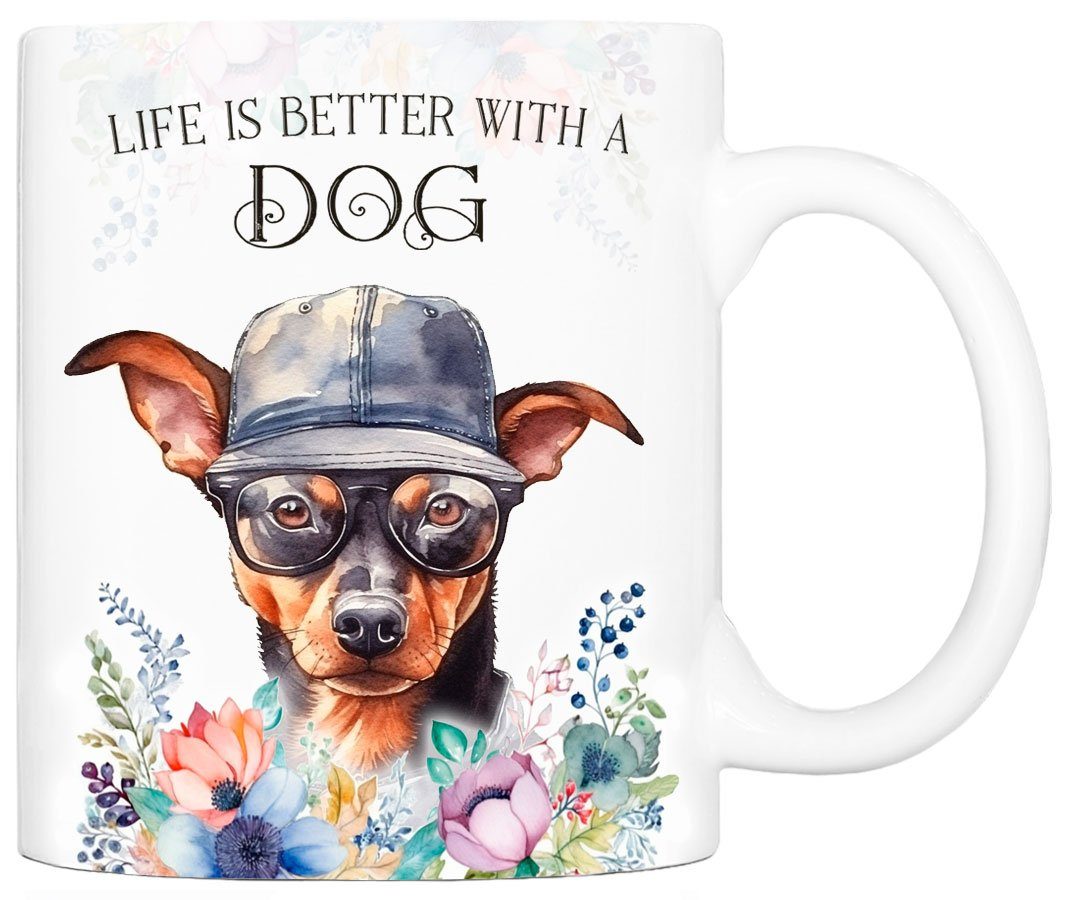 Cadouri Tasse ZWERGPINSCHER - Kaffeetasse für Hundefreunde, Keramik, mit Hunderasse, beidseitig bedruckt, handgefertigt, Geschenk, 330 ml