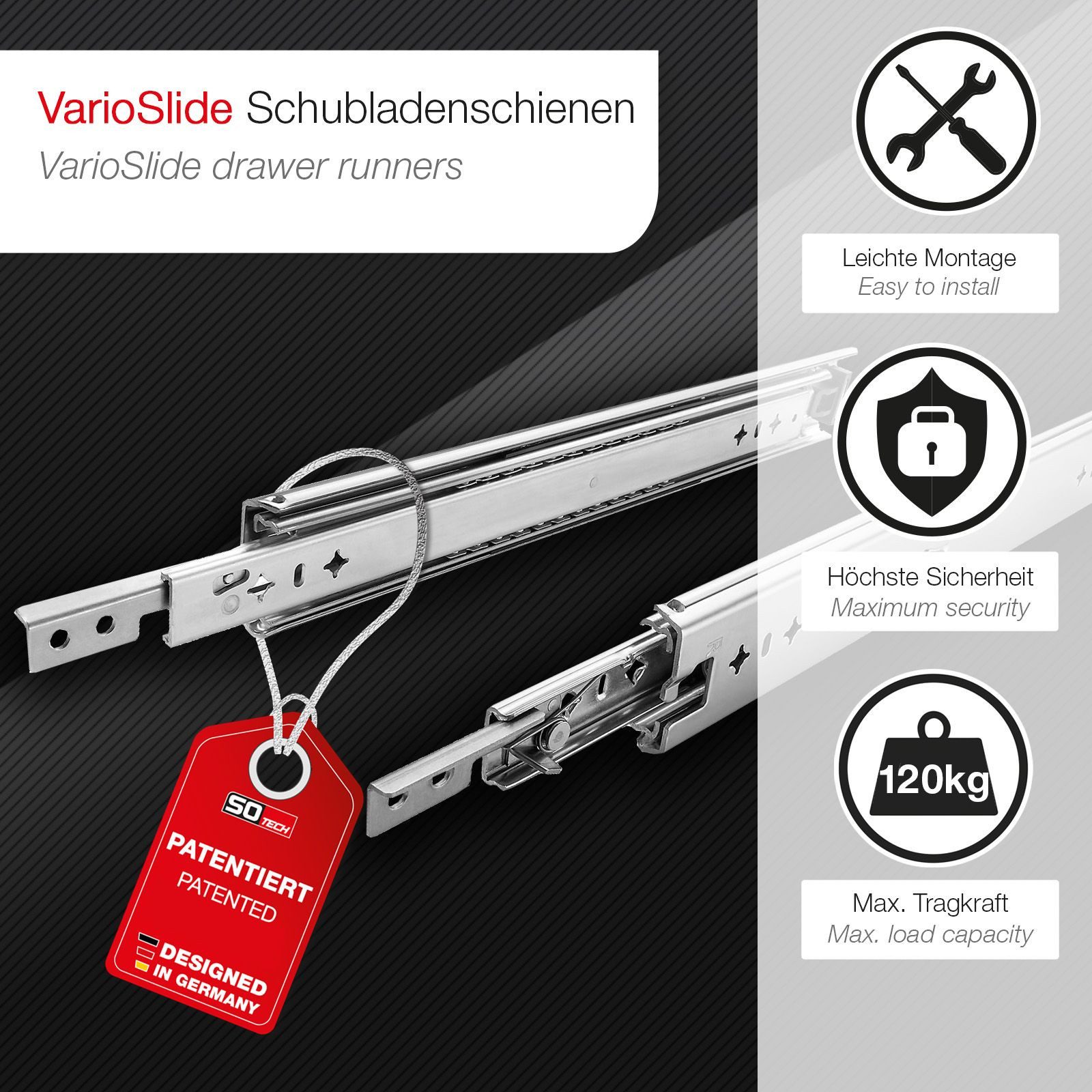 SO-TECH® Auszug Schwerlastauszug 120 kg VarioSlide für Heckauszugsrahmen, KV1-120-H58-900 EH 900 mm (nicht trennbar) mit Lock-in/out