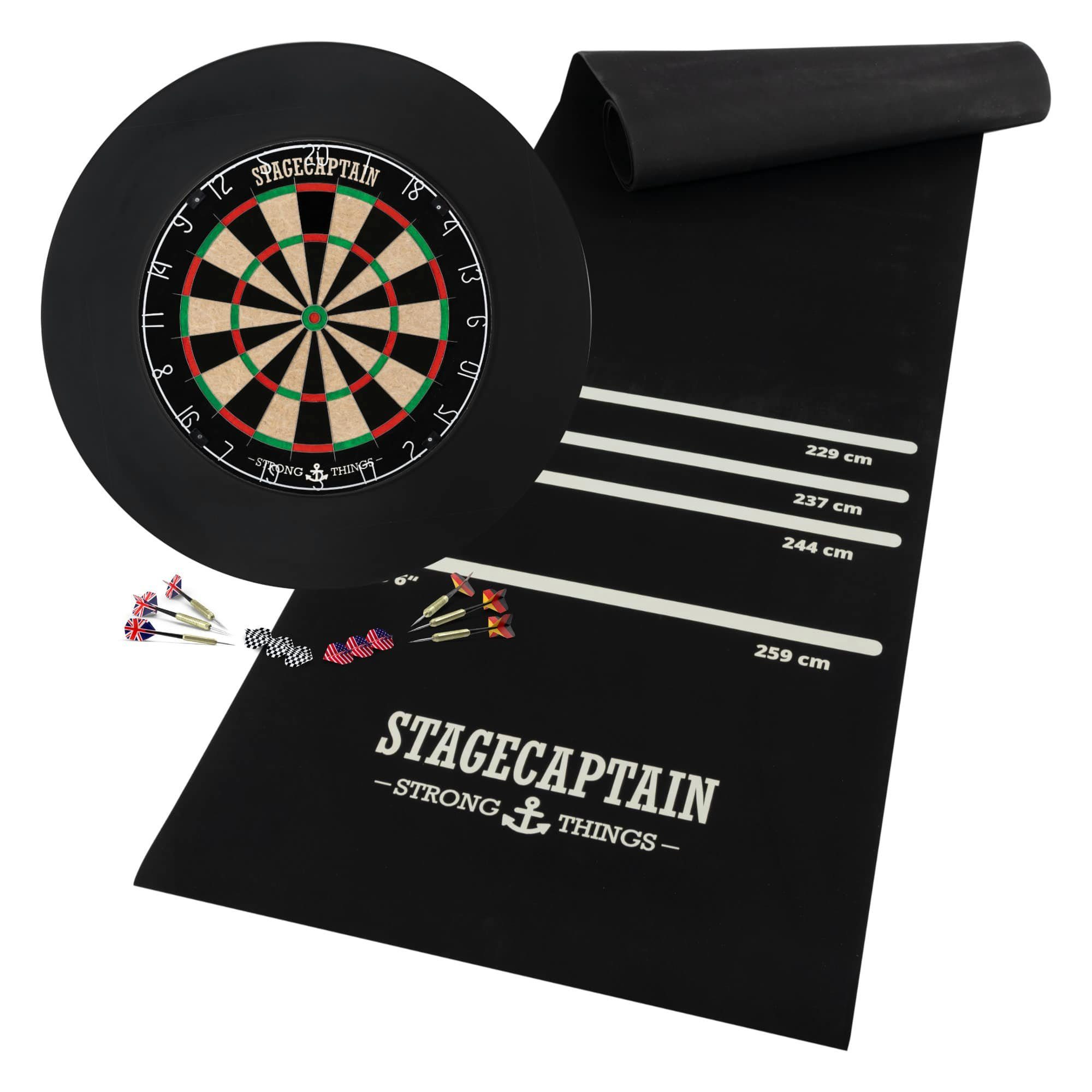 Stagecaptain Dartscheibe DBS-1715 BullsEye Pro, (Dartboard-Set, inkl. Catchring, Dartmatte, 6 Dartpfeilen und 12 Flights), Steeldartscheibe aus Sisal mit dünnen Drähten | Zielscheiben