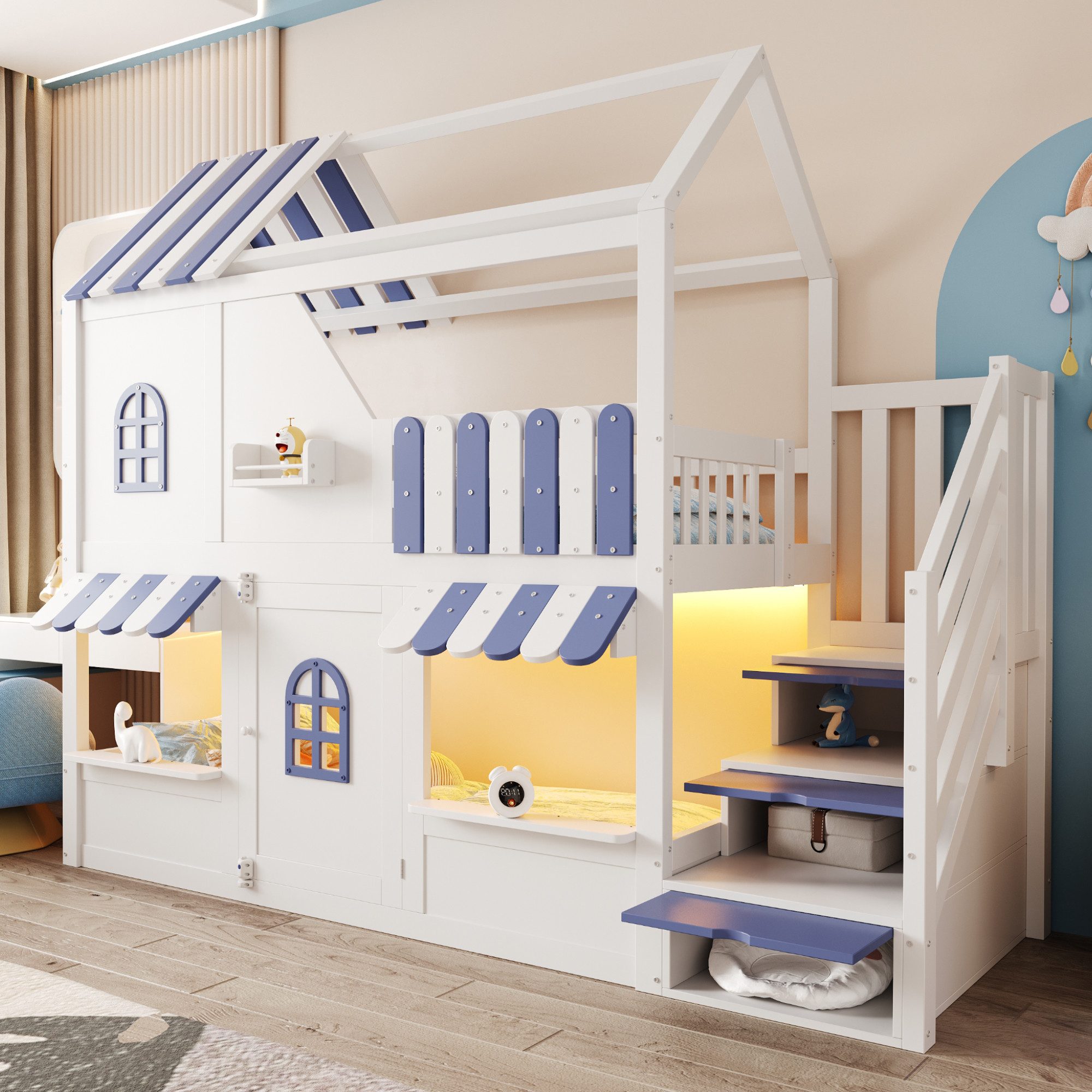 MODFU Kinderbett mit Stauraumleiter, LED-Beleuchtung und Regalen (Stauraumbett Hochbett mit Fenstern, Dachüberstand und Tür, Jugendbett 90 x 200 cm), ohne Matratze