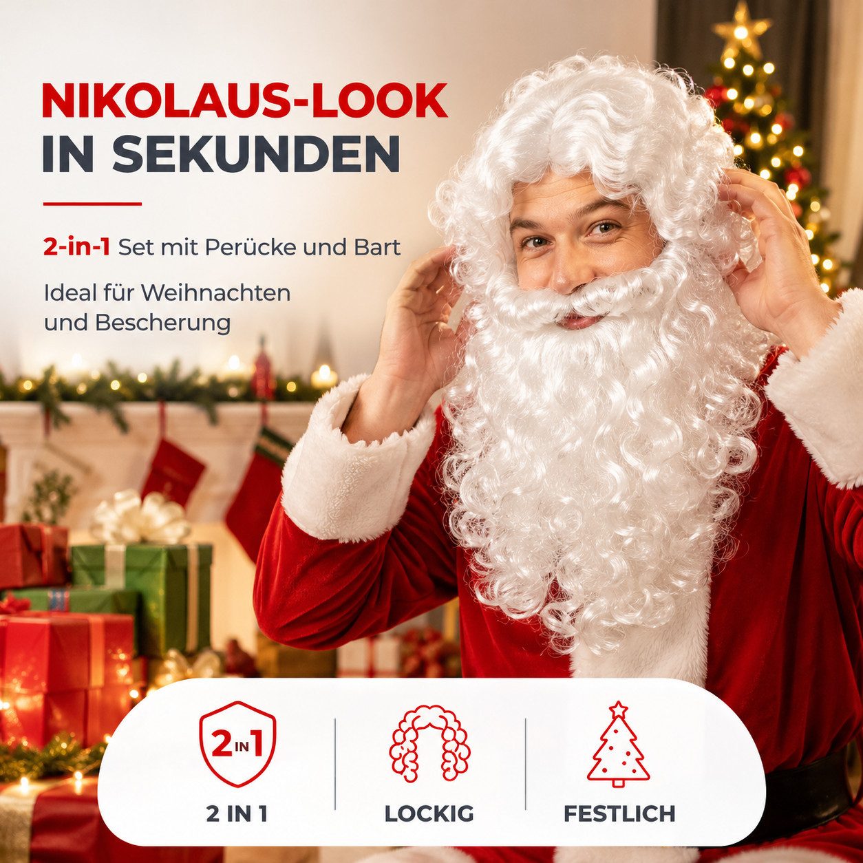 MerryXmas Kostüm-Perücke 2 in 1 - Nikolausbart Set mit Perücke - Weihnachtsmannbart