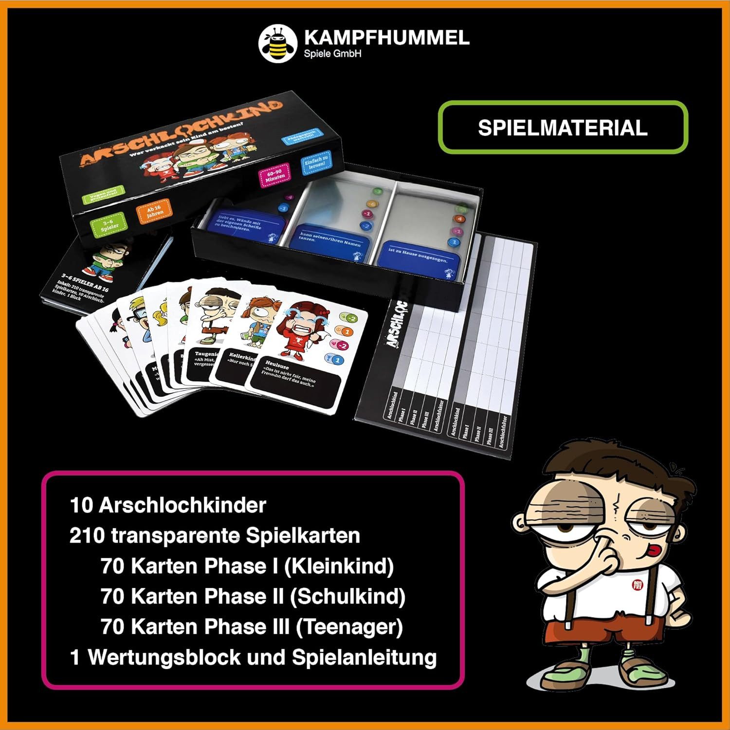 Kampfhummel Spiele Spiel Arschlochkind - Wer verkackt sein Kind am besten? Fieses Partyspiel, Kartenspiel ab 16 Jahren, Erziehung mit schwarzem Humor, 3-6 Spieler