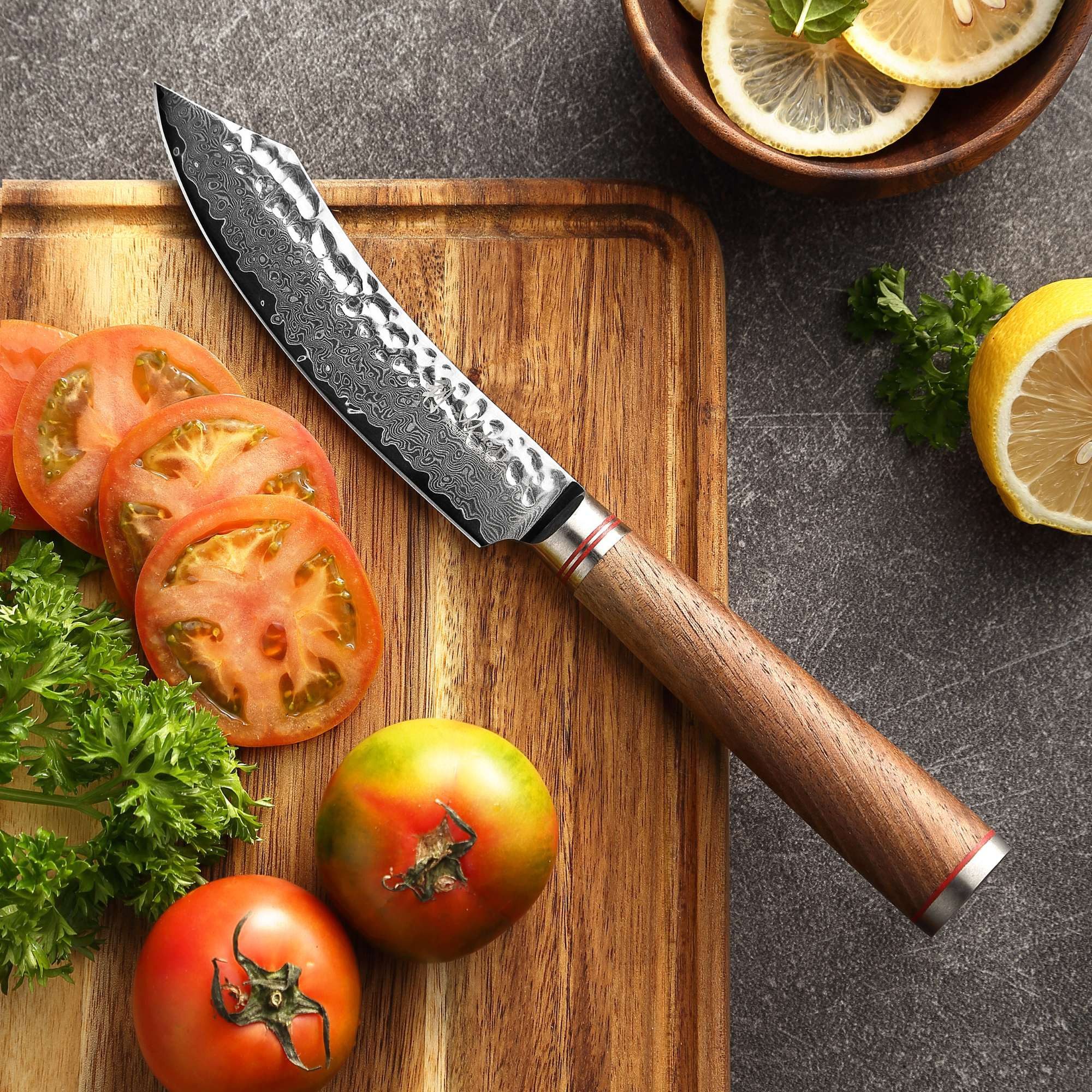 Wakoli Steakmesser Nussbaum Damastmesser I 12,5 cm Klinge I Nussbaumholzgriff (1 Stück), aus 67 Lagen Damaststahl VG-10 Stahlkern