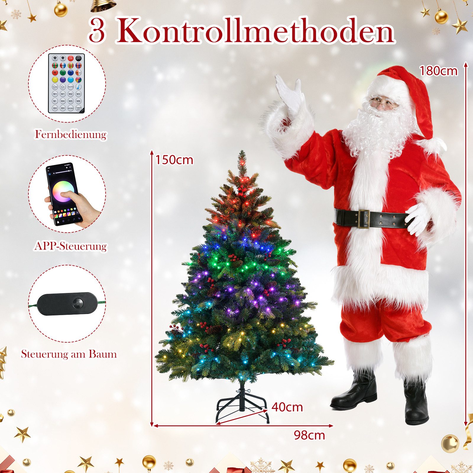 COSTWAY Künstlicher Weihnachtsbaum, 150cm, 250 mehrfarbige LEDs, 584 Zweige