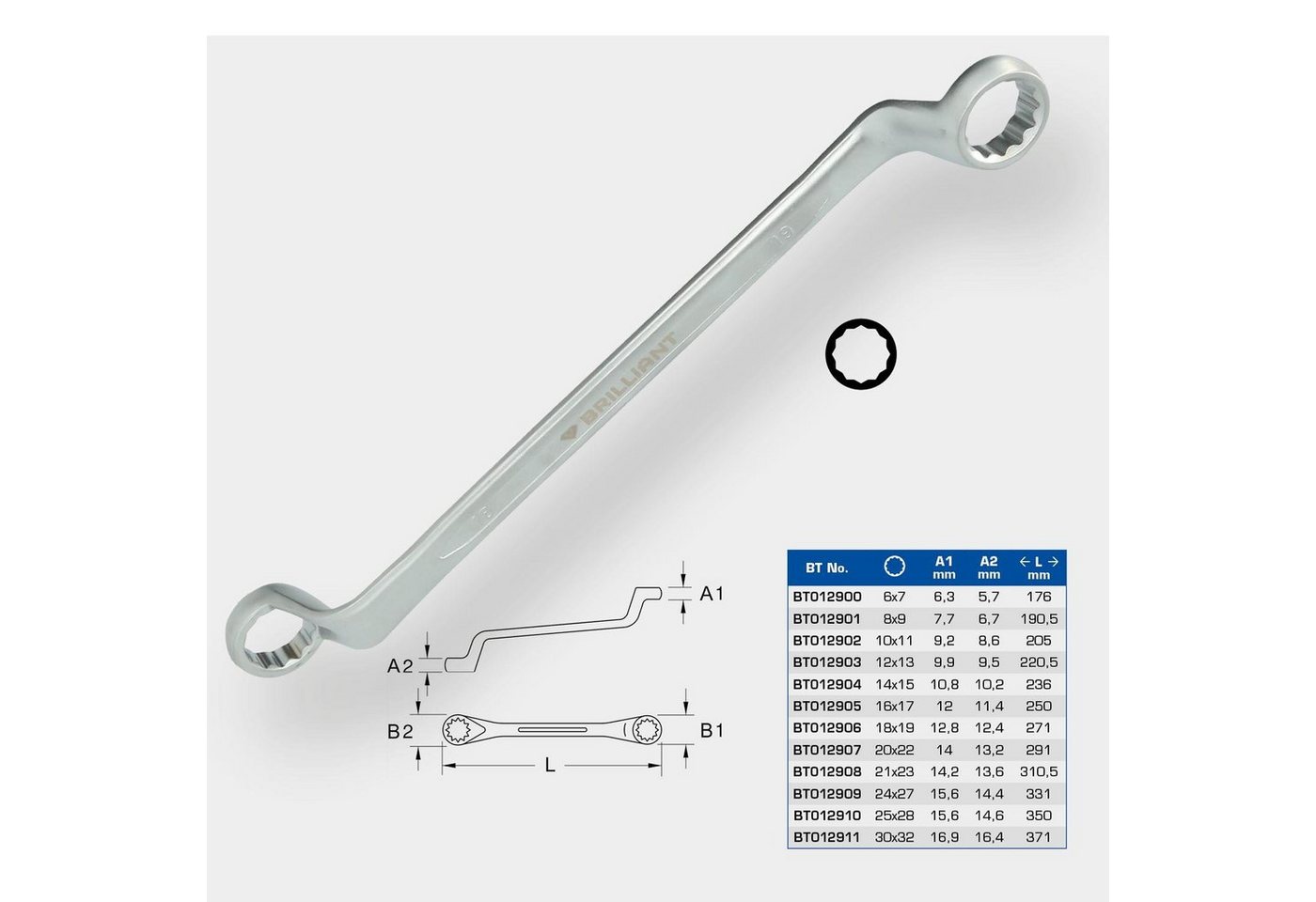Thumbnail - Brilliant Tools Ringschlüssel Doppel-Ringschlüssel, gekröpft, 25 x 28 mm