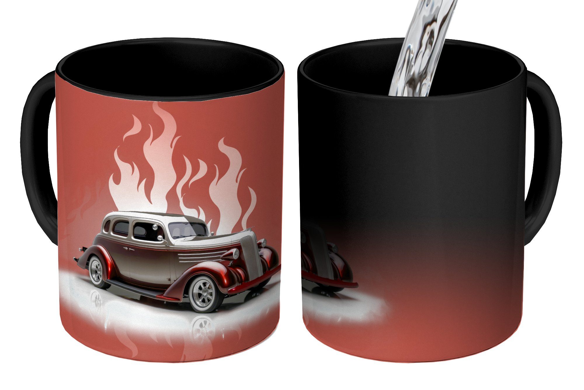 MuchoWow Tasse Auto - Rosa - Vintage - Flammen, Keramik, Farbwechsel, Kaffeetassen, Teetasse, Zaubertasse, Geschenk