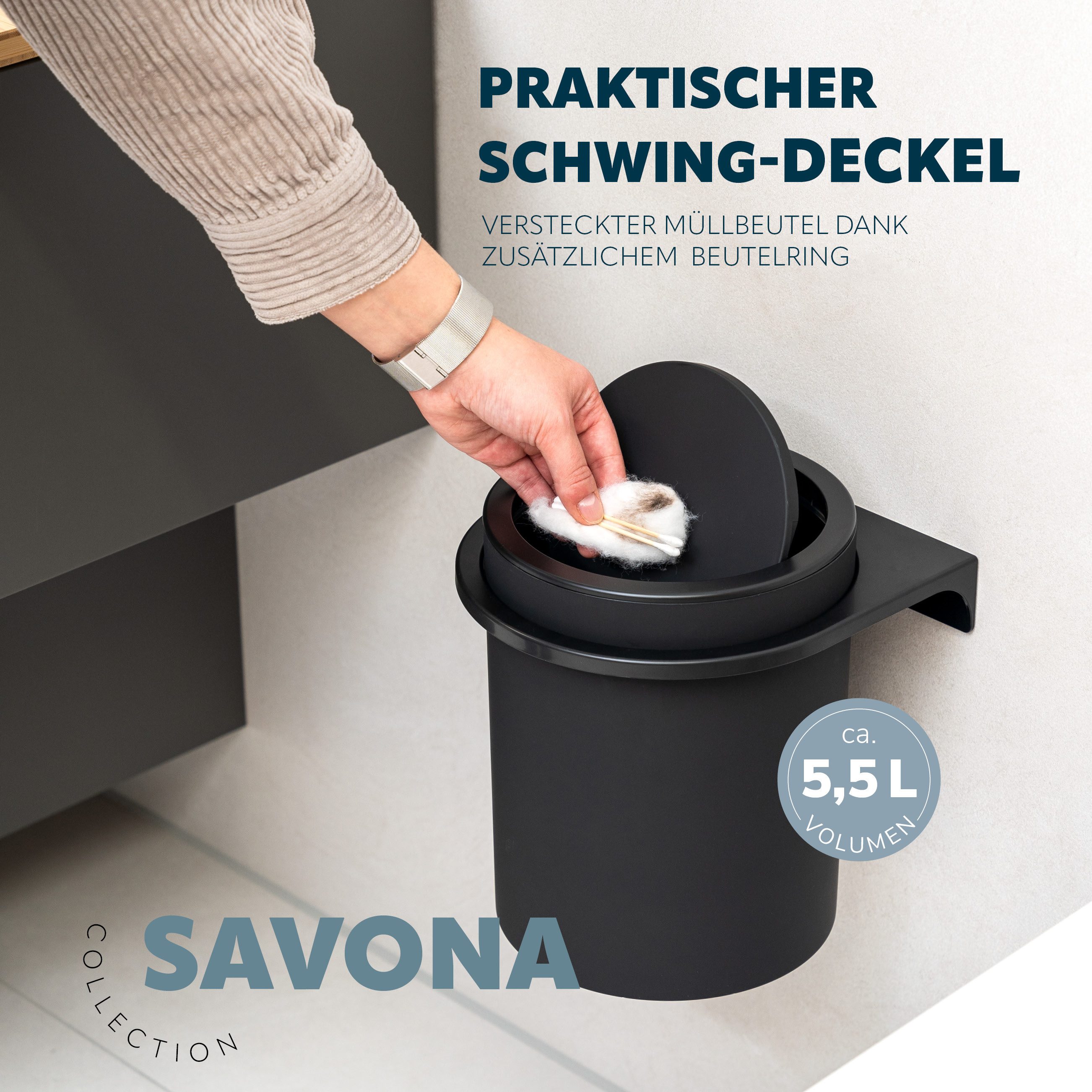 bremermann Kosmetikeimer Badeimer SAVONA inkl. Wandhalterung 5,5 Liter Kunststoff – Bild 5 von 5
