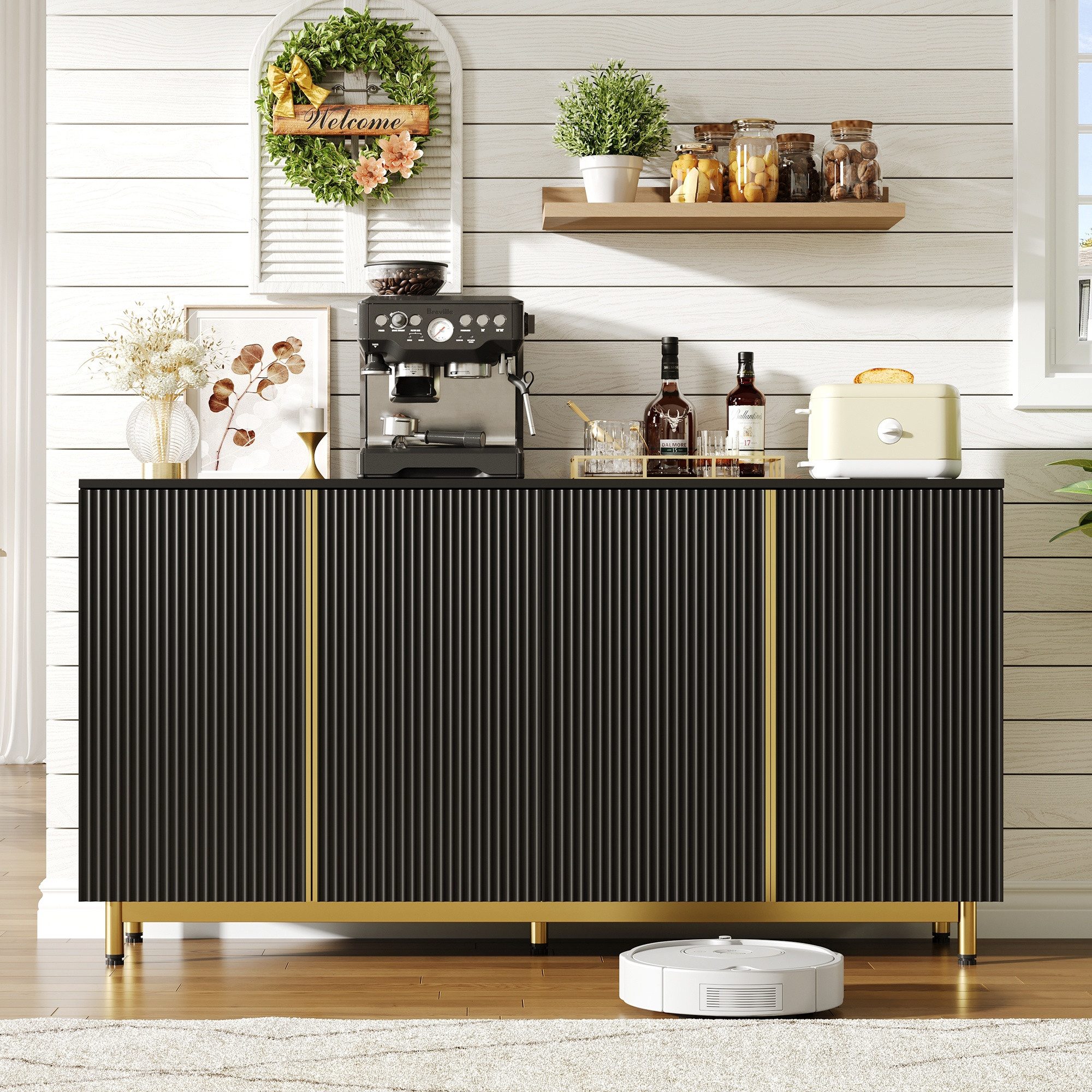 IDEASY Sideboard 150cm Buffetschrank schwarz, Wellentüren & kippsicher günstig online kaufen