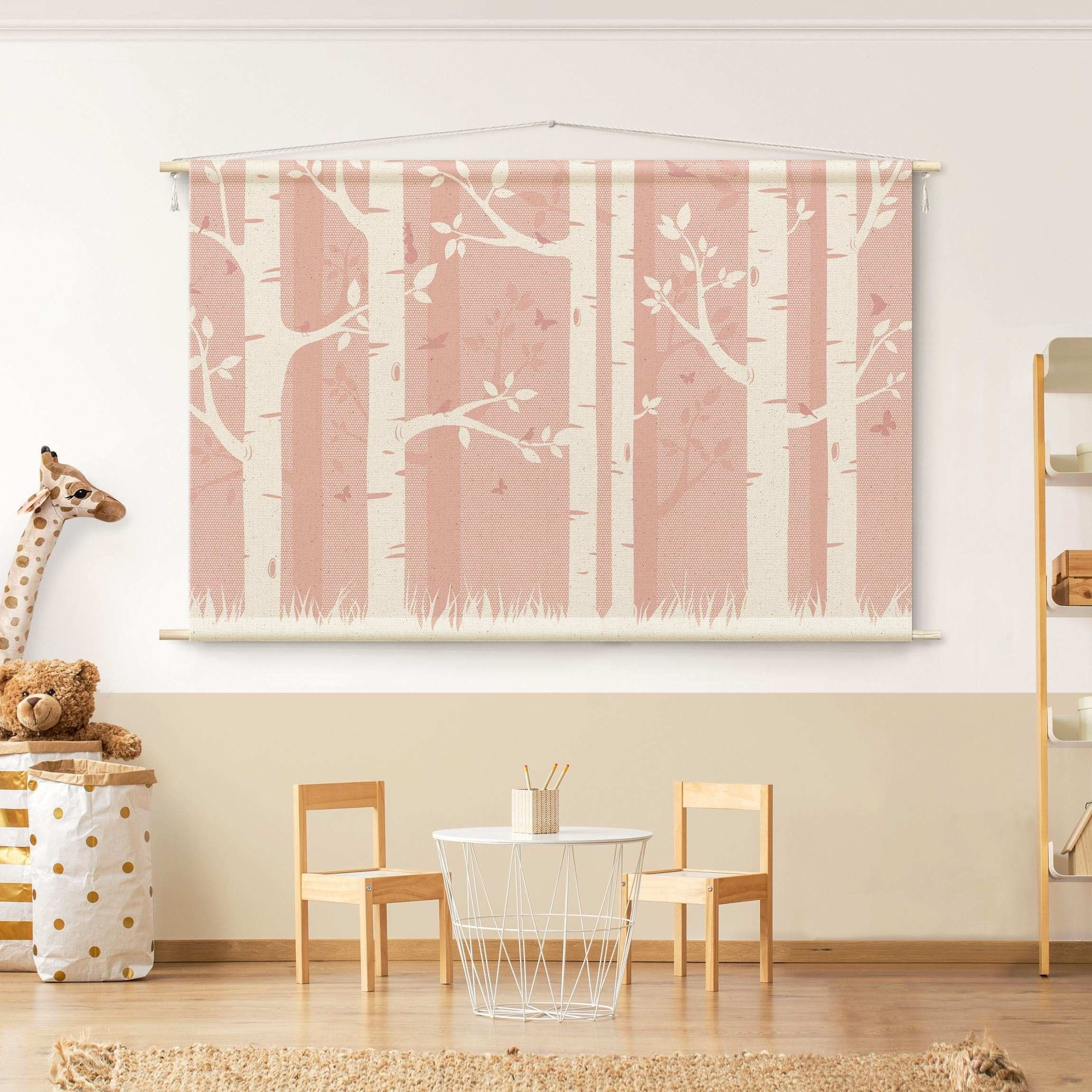 Bilderdepot24 Wandteppich modern Mädchenzimmer Wald Wald rosa, rechteckig, Höhe: 2.6 mm, großes Wandbild aus Natur-Baumwolle Wandbehang Stoffbild Tuch Wollseil