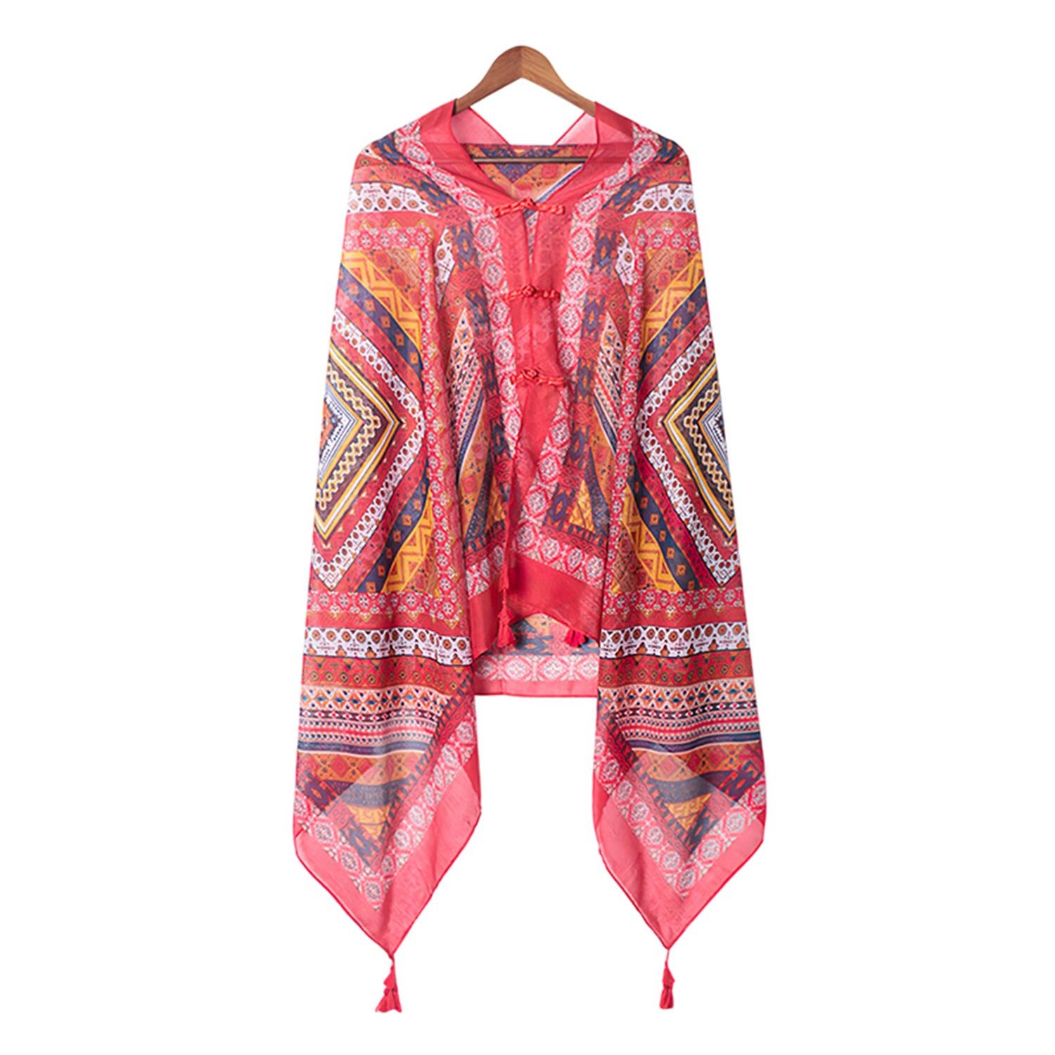 Refttenw Poncho Damen Boho Schal,Umhang,Schultertuch,mit Fransen,Knöpfen,atmungsaktiv