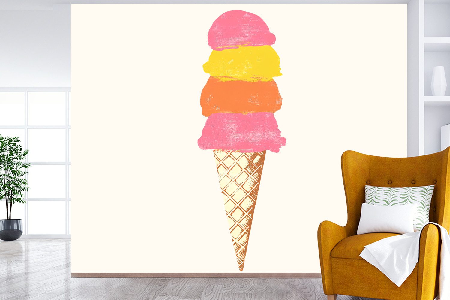MuchoWow Fototapete Schaufel Eiscreme - Hörner - Illustration - Minimalistisch, Matt, bedruckt, Montagefertig Vinyl Tapete, Wandtapete, 275x220 cm
