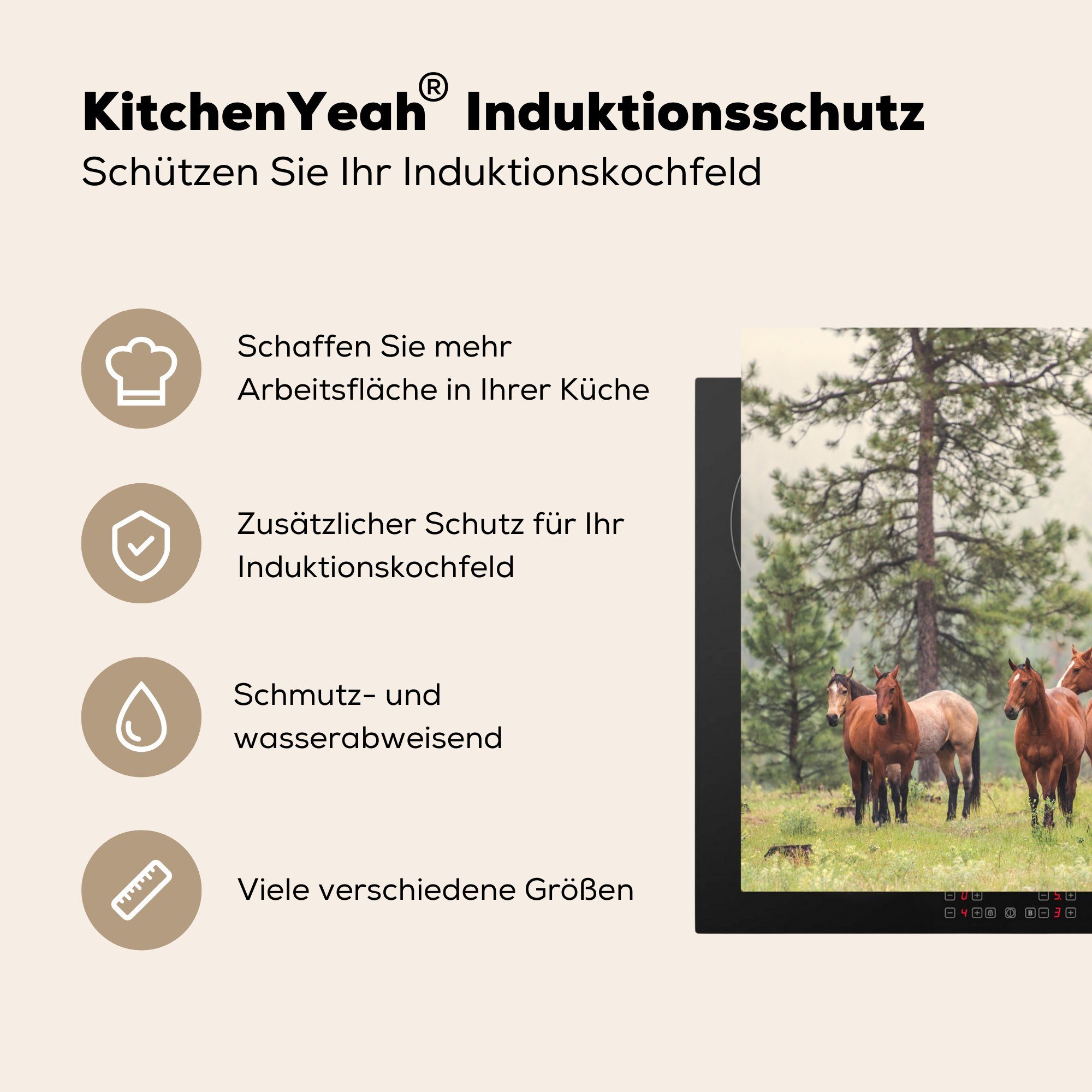 MuchoWow - 78x78 küche - Vinyl, (1 Ceranfeldabdeckung, tlg), Wald Nebel, Herdblende-/Abdeckplatte Pferde für Arbeitsplatte cm,