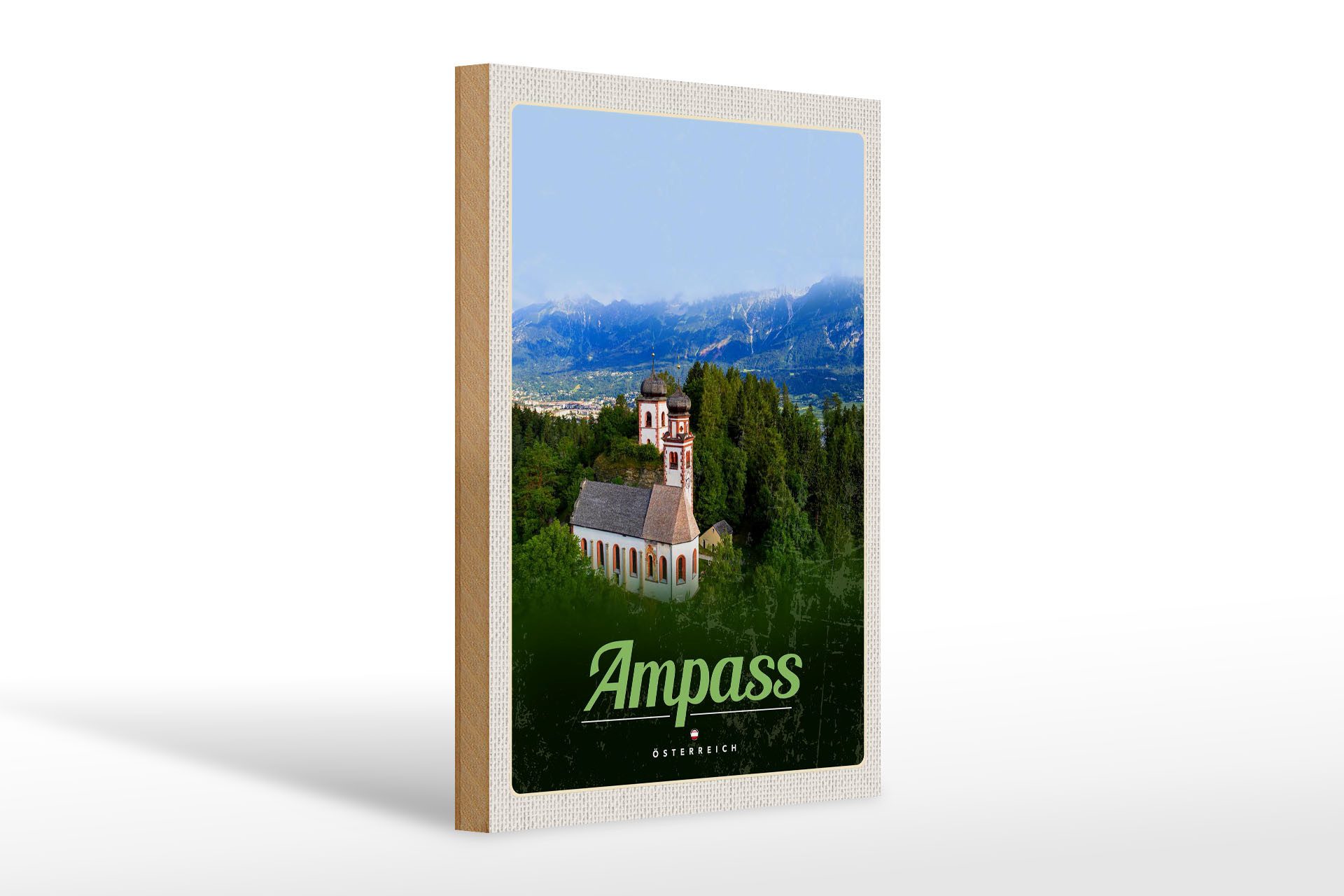 Holzbild Reise 20x30cm Ampass Österreich Kirche im Wald Natur