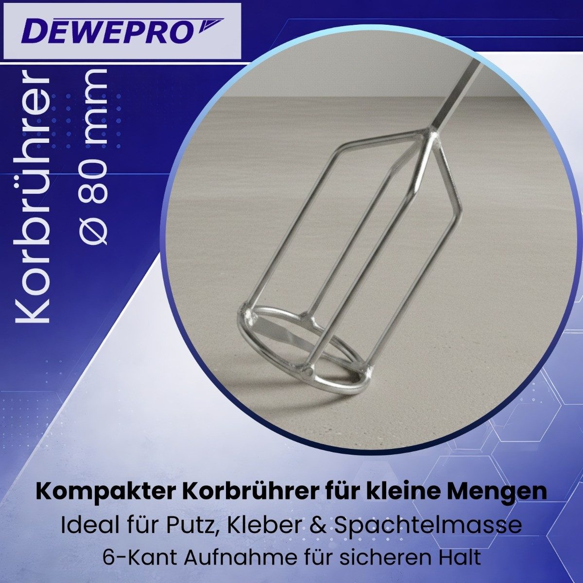 DEWEPRO Rührstab Korbrührer ø 80mm mit Ring und 6-Kant-Aufnahme – Länge: 500mm, Ø 8 mm, L: 50 cm
