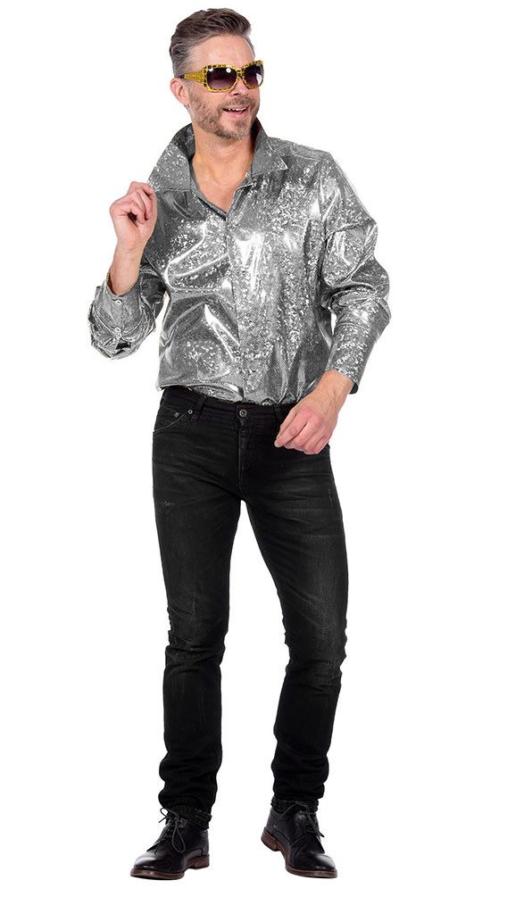 Karneval-Klamotten Kostüm Hologram Hemd Herren silber Disco hochwertig, Discohemd Schlagermove 80er 70er Jahre Männerkostüm Neujahr Silvester