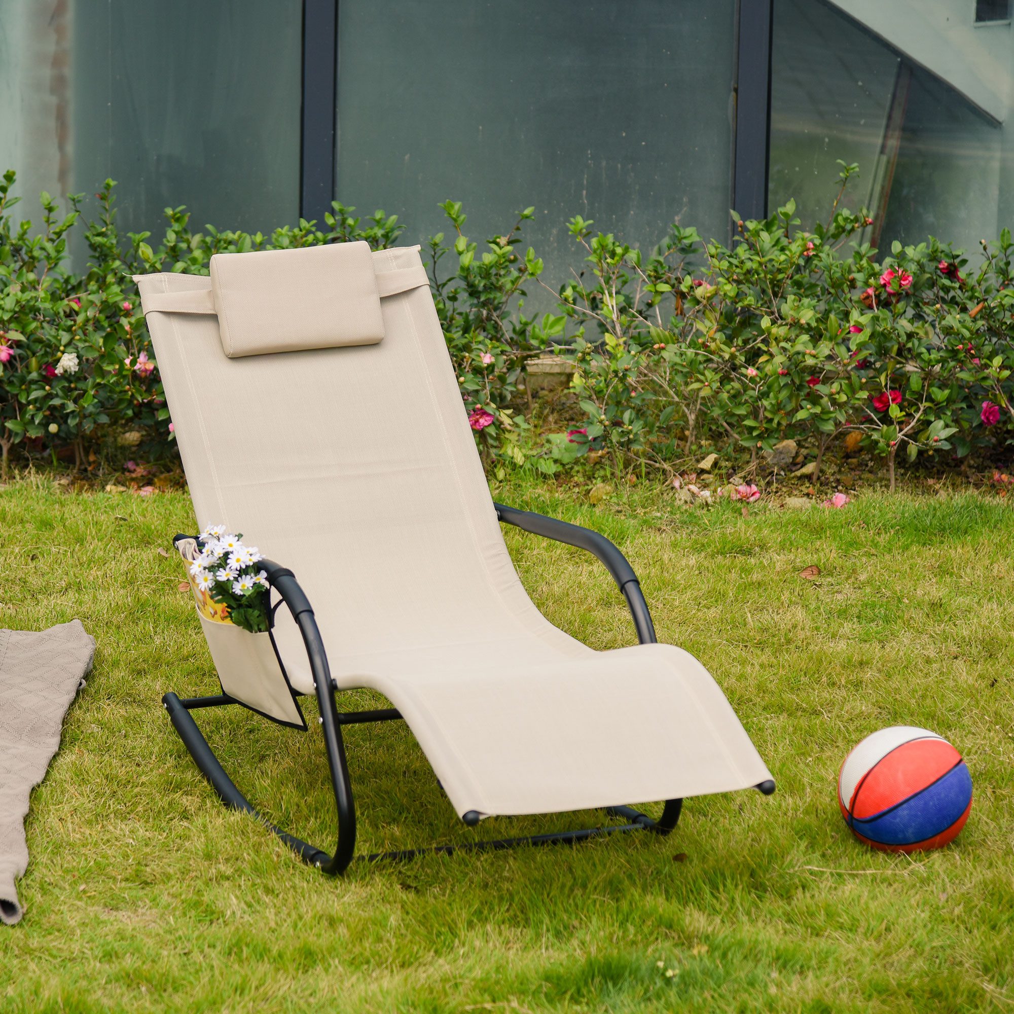 CHICFURN Gartenliege Schwingsessel aus Metall mit Mesh-Bezug in Beige, 150x62x88 cm, Packung, 1 St., Mit Schaukel- und Relaxfunktion für Balkon, Terrasse oder Garten, Bequeme Sitz- und Liegefläche für entspannte Stunden im Freien