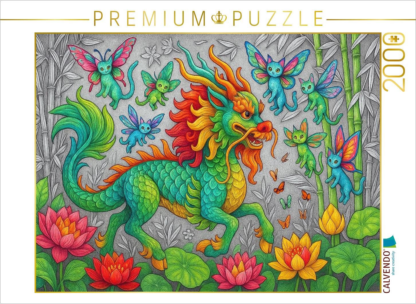 CALVENDO Puzzle CALVENDO Puzzle Chinesischer Qilin und Libellenkatzen, 2000 Teile Leg, 2000 Puzzleteile