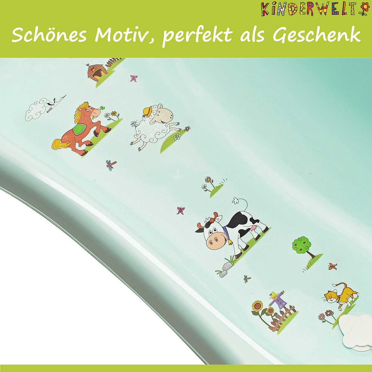 KiNDERWELT Babybadewanne Premium Funny Farm aquamarin XXL + Ablaufstöpsel, mit Ablaufstöpsel