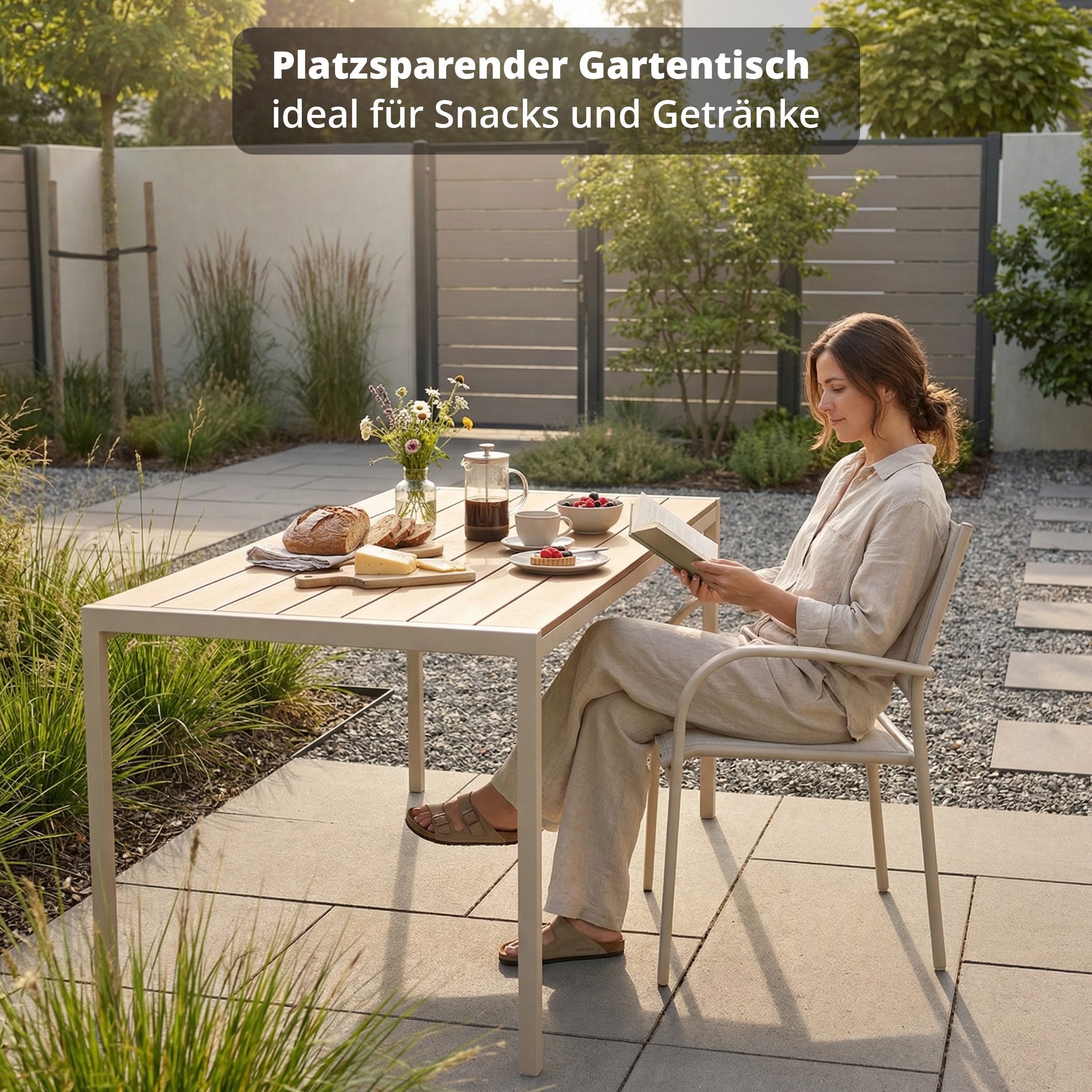 KHG Gartentisch Gartentisch Beige für 6 Personen (Esstisch aus Stahl-Gestell und Tischplatte aus Polywood in Teal-Optik, wetterfest UV-beständig, 83x75x140 cm), Wetterfest, Robust