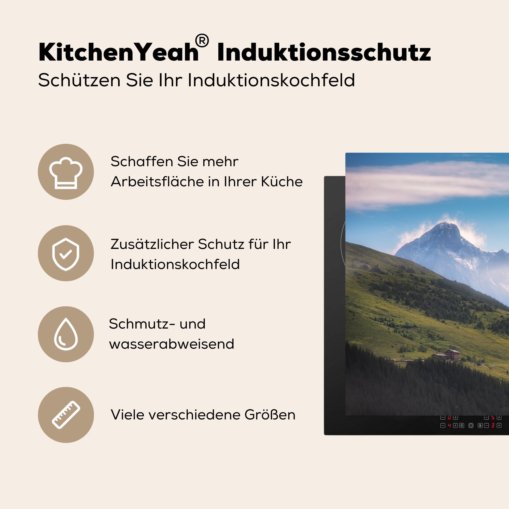 die Herdblende-/Abdeckplatte Ceranfeldabdeckung für Schilthorn schneebedeckten MuchoWow Vinyl, Schweiz, in der Landschaft (1 81x52 cm, Induktionskochfeld küche, tlg), am Schutz
