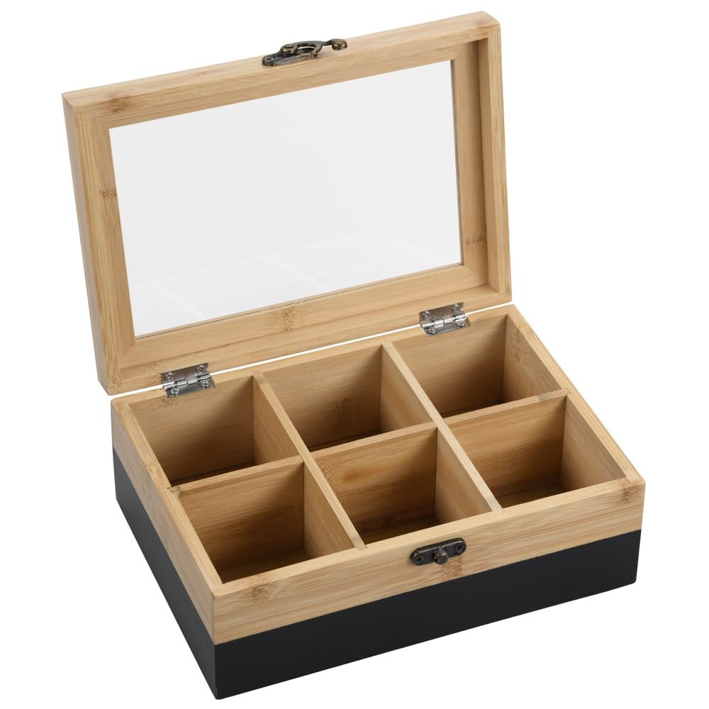 Kesper Aufbewahrungsbox Tee-Box aus FSC®-zertifiziertem Bambus, 21,5x15x8,5 cm, 6 Fächer, Mit Sichtfenster, Retro-Verschluss, Farbe Schwarz-Natur