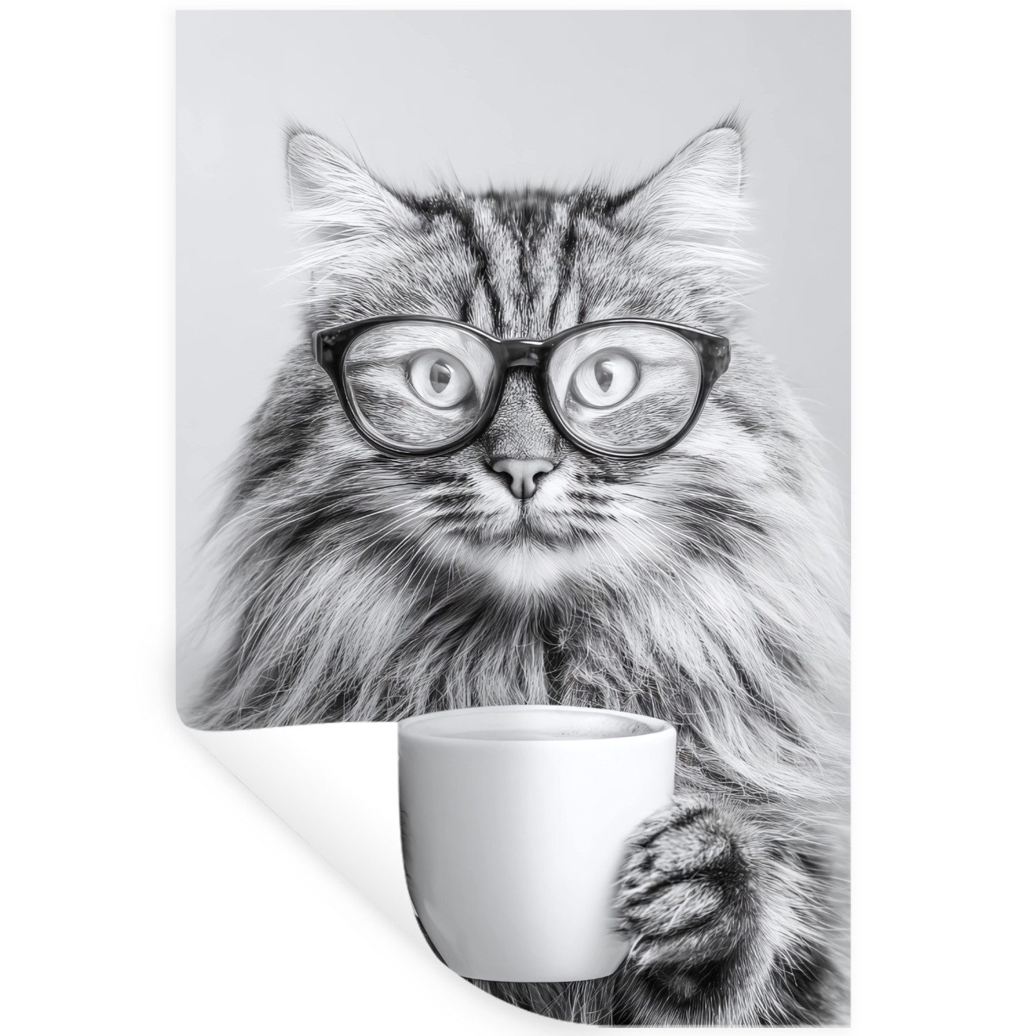 MuchoWow Wandsticker Katze - Brille - Becher - Flauschig (1 St), Wanddeko, Aufkleber, Wandtattoo, 80x120 cm
