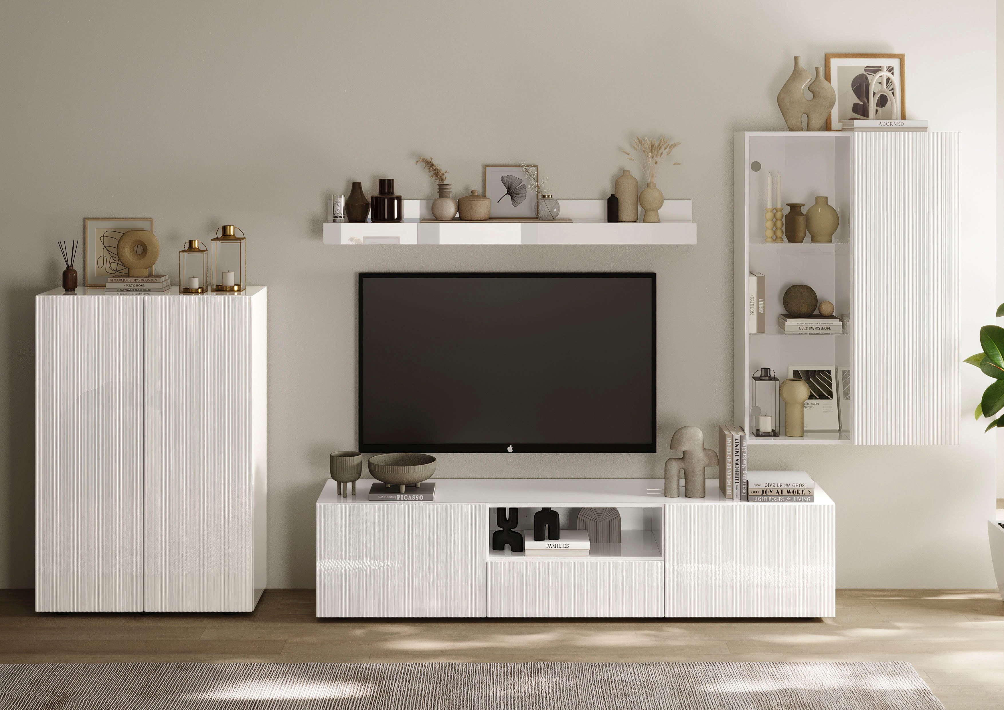 INOSIGN Wohnwand Rio, 4tlg. Breite 300 cm, modernes, elegantes Wohnzimmer-Set, (4-St), (Lowboard, Highboard, Hängevitrine, Wandboard), MDF-Fronten geriffelt