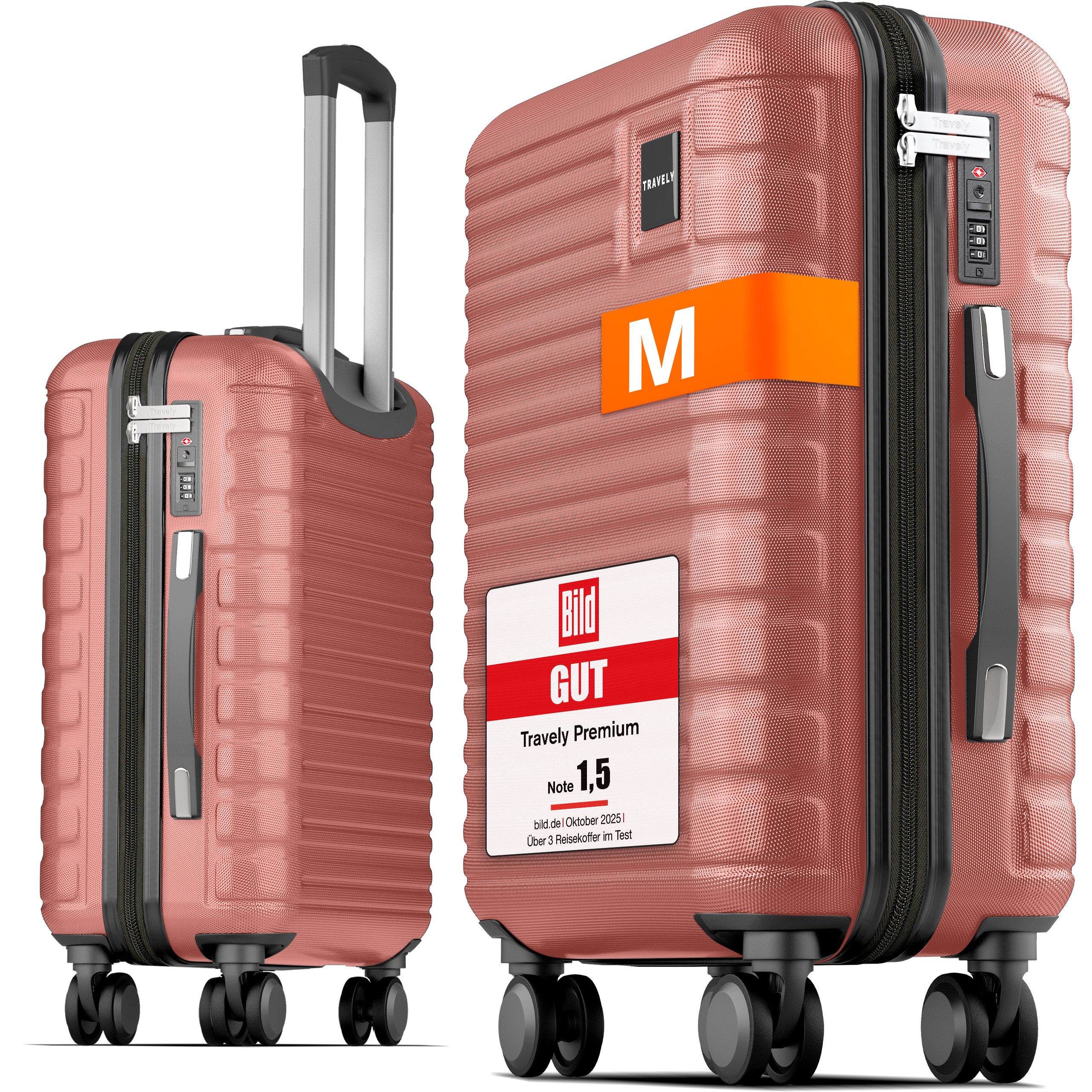 Travely Koffer Polycarbonat Handgepäck Koffer 55x40x20cm - für Ryanair Lufthansa etc, 4 Rollen, Designed in Germany, austauschbare Griffe und Rollen