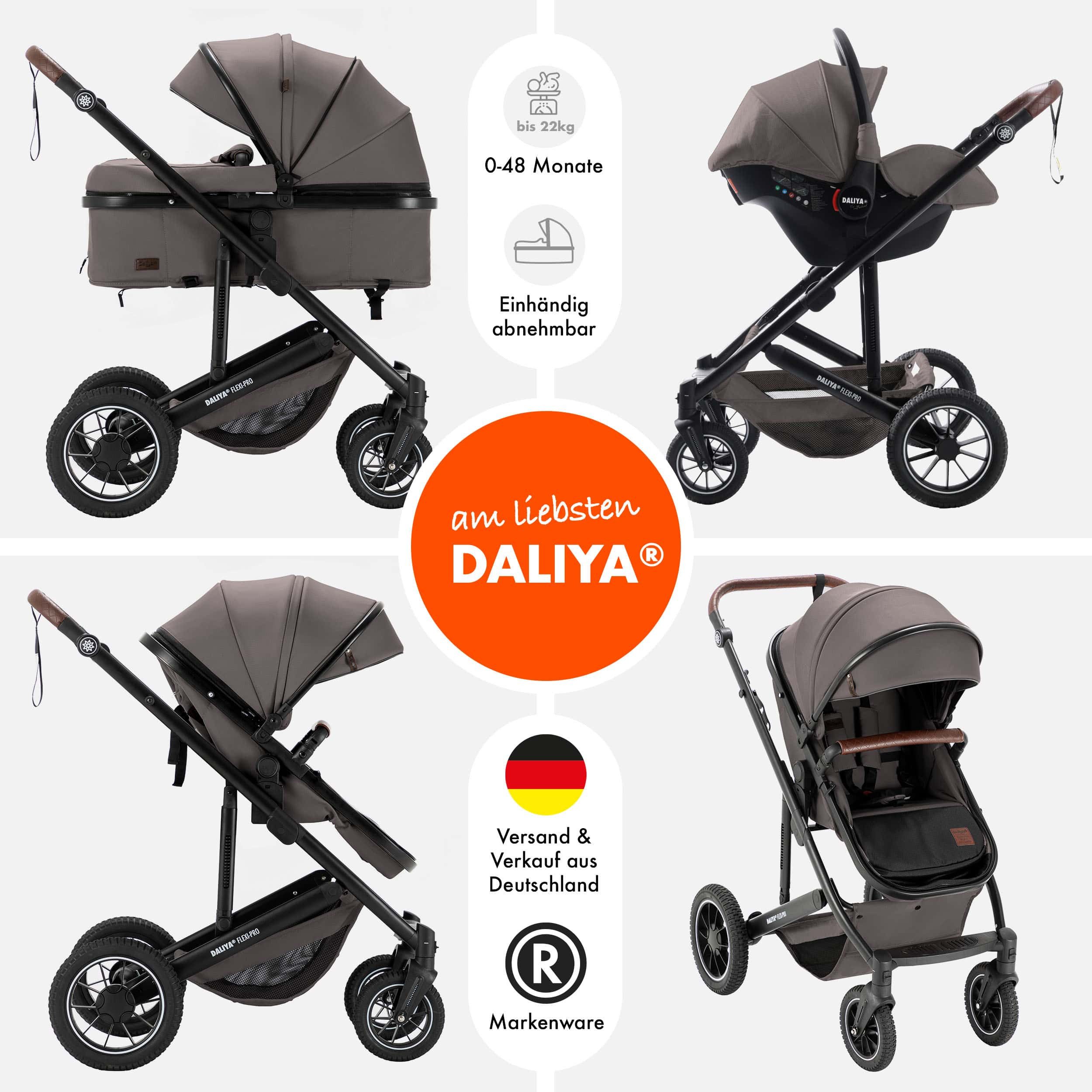 Daliya® Kombi-Kinderwagen FLEXI-PRO M 3in1 Kinderwagen & Buggy, Reisekinderwagen, XXL Set, (XXL-Set mit i-Size Babyschale, 13-tlg), Einhändig abnehmbare Wanne, i-Size Babyschale, Alu-Rahmen, Gummireifen