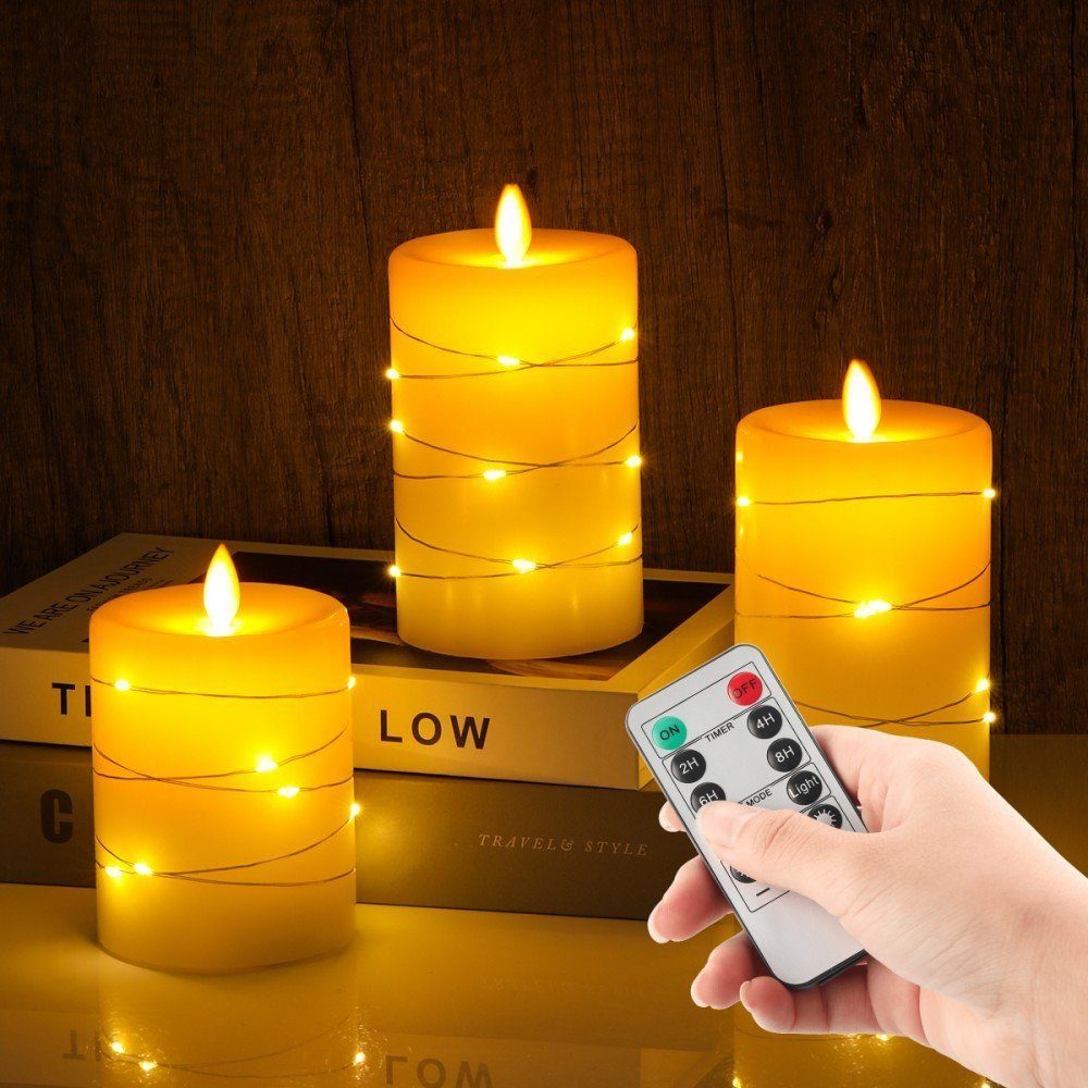 iscooter LED-Kerze LED Kerze mit Lichterketten Fernbedienung Flammenlose  Echtwachskerze, 10/12/15CM Set aus 3 Echtwachs, Timer