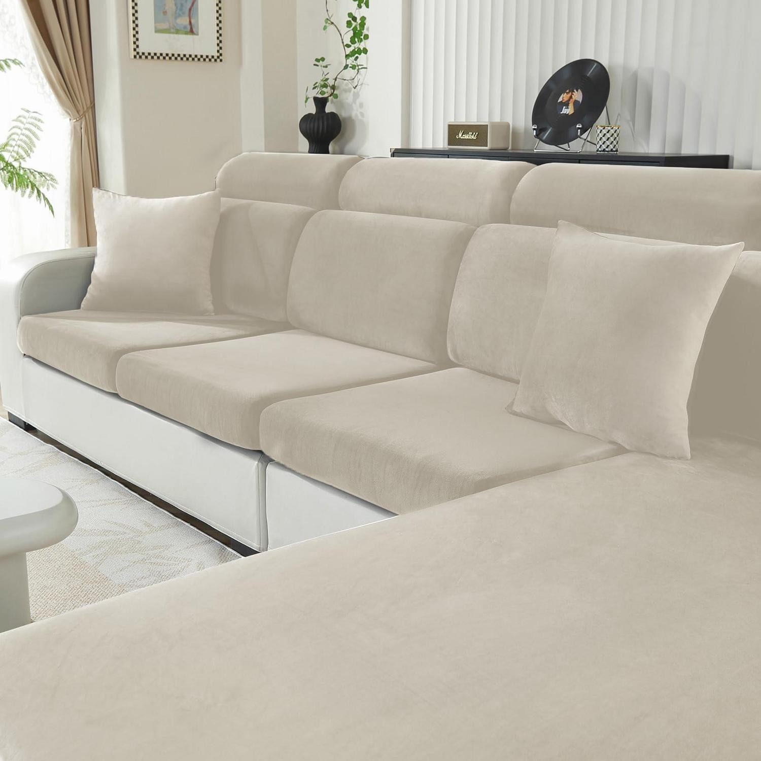 LuxusKollektion Sitzflächenhusse Sitzkissenbezug Samt Stretch rutschfest Sofa Beige 1-Sitzer*3