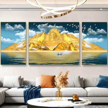 TPFLiving Kunstdruck (OHNE RAHMEN) Poster - Leinwand - Wandbild, 3 teiliges Wandbild - Abstrakter goldener Berg (Leinwandbild XXL), Farben: Gold, Gelb, Blau, Weiß - Größe: 20x30x2 30x45cm