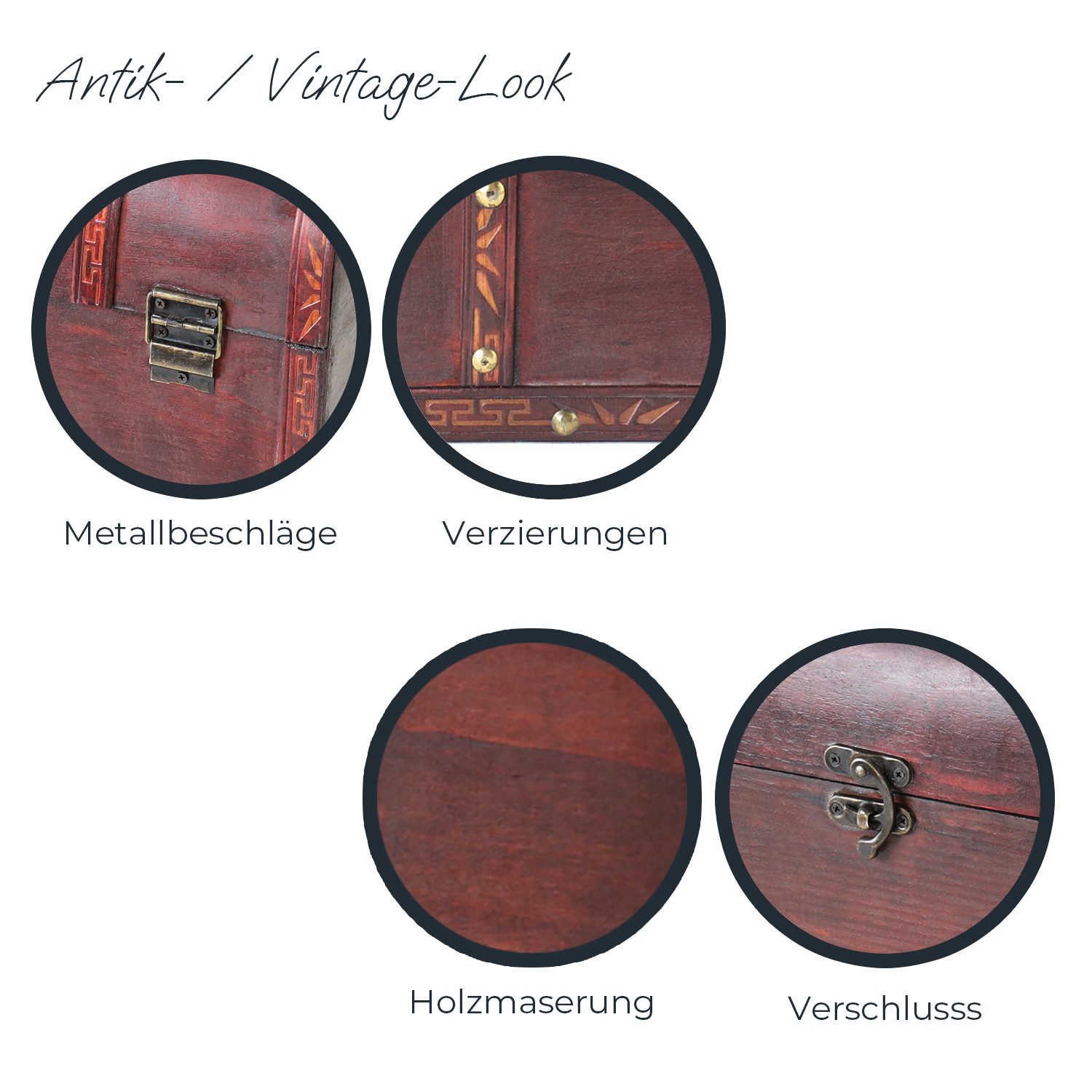 HMF Schatzkiste Handgefertigte Holztruhe Portugal, Schatzkiste mit dekorativem Metallschloss im Antik-Look 30x20x15 cm