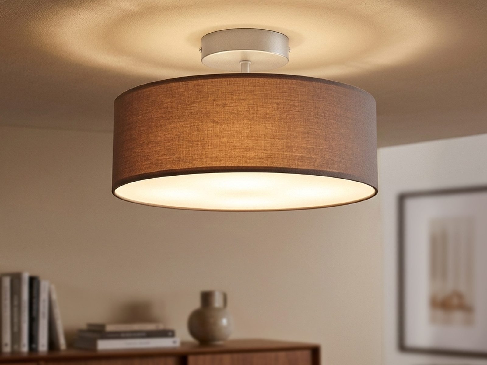 meineWunschleuchte Deckenleuchte mit Stoff Lampenschirm Grau Braun Ø 30cm, ohne Leuchtmittel, kleine Stoff-Lampe, gemütliche Deckenlampe, E14 Schlafzimmerlampe