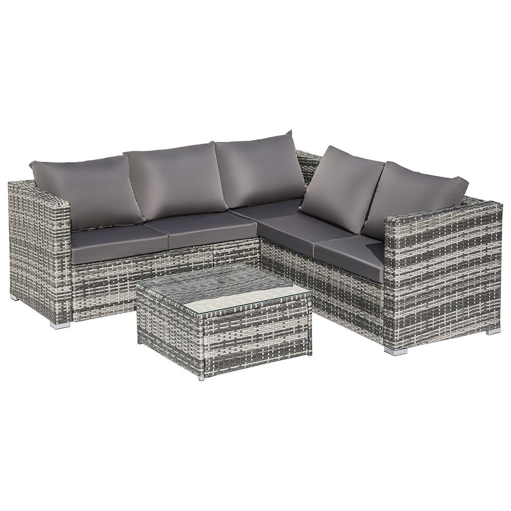 Gartenlounge-Set, Balkonmöbel, Gartenmöbel-Set, 1 Sofa, 1 Ecksofa, 1 Glastisch, Kissen, aus PE-Polyrattan